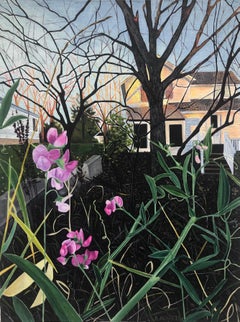 November Bloom - Quadro da giardino contemporaneo Casa Cielo Alberi Fiori Rosa, 2023