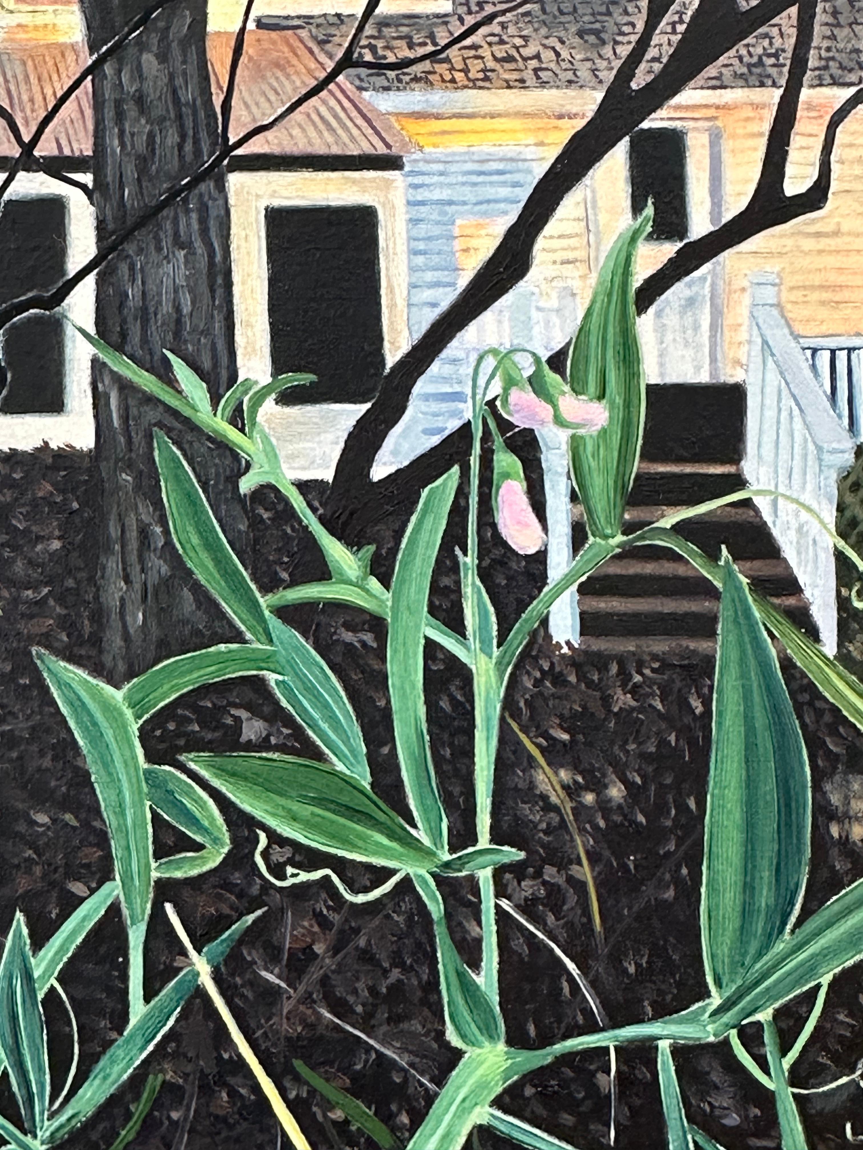 November Bloom - Contemporary Garden Painting House Sky Trees Pink Flowers, 2023 For Sale 7