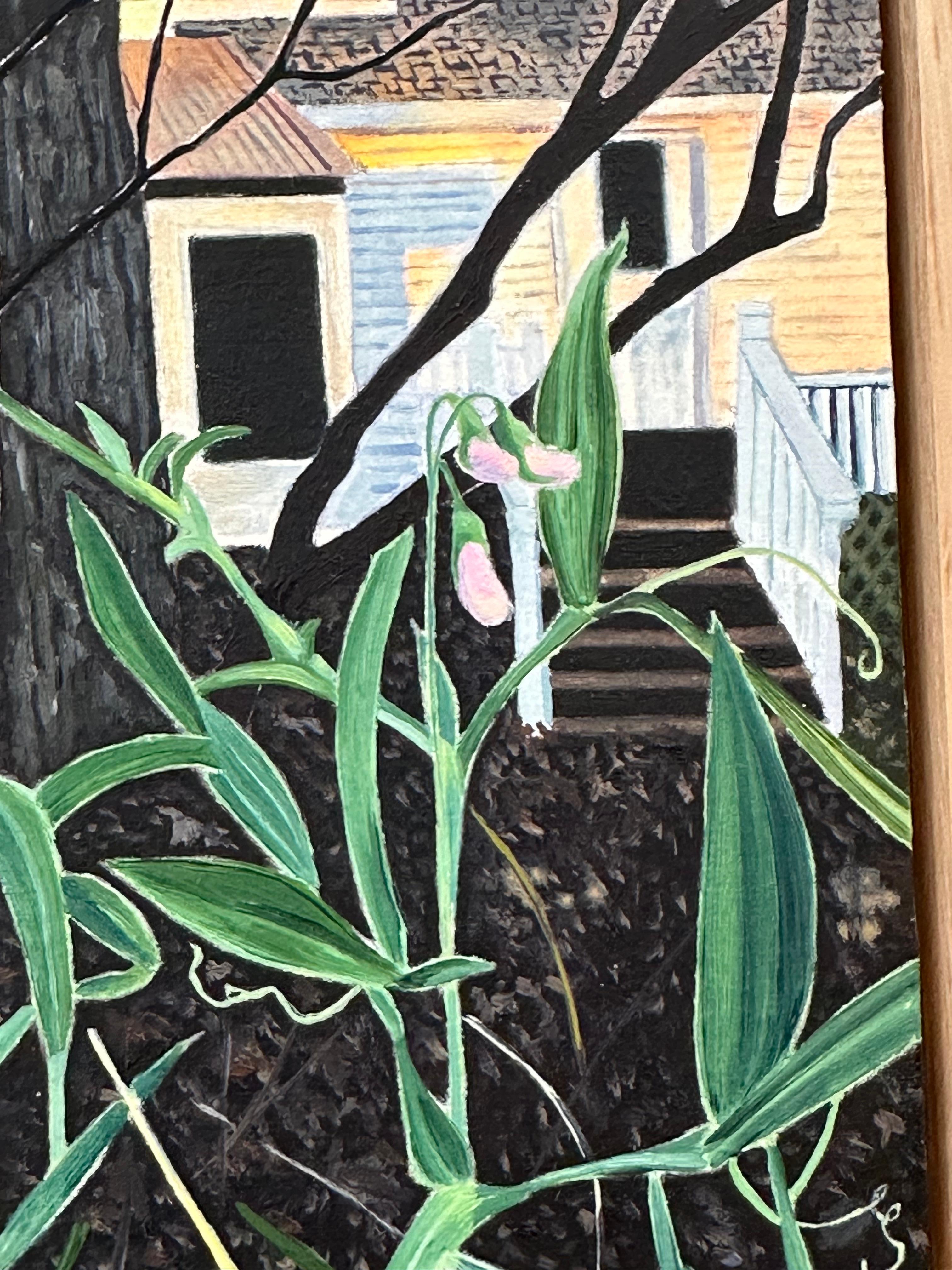 November Bloom - Contemporary Garden Painting House Sky Trees Pink Flowers, 2023 For Sale 8