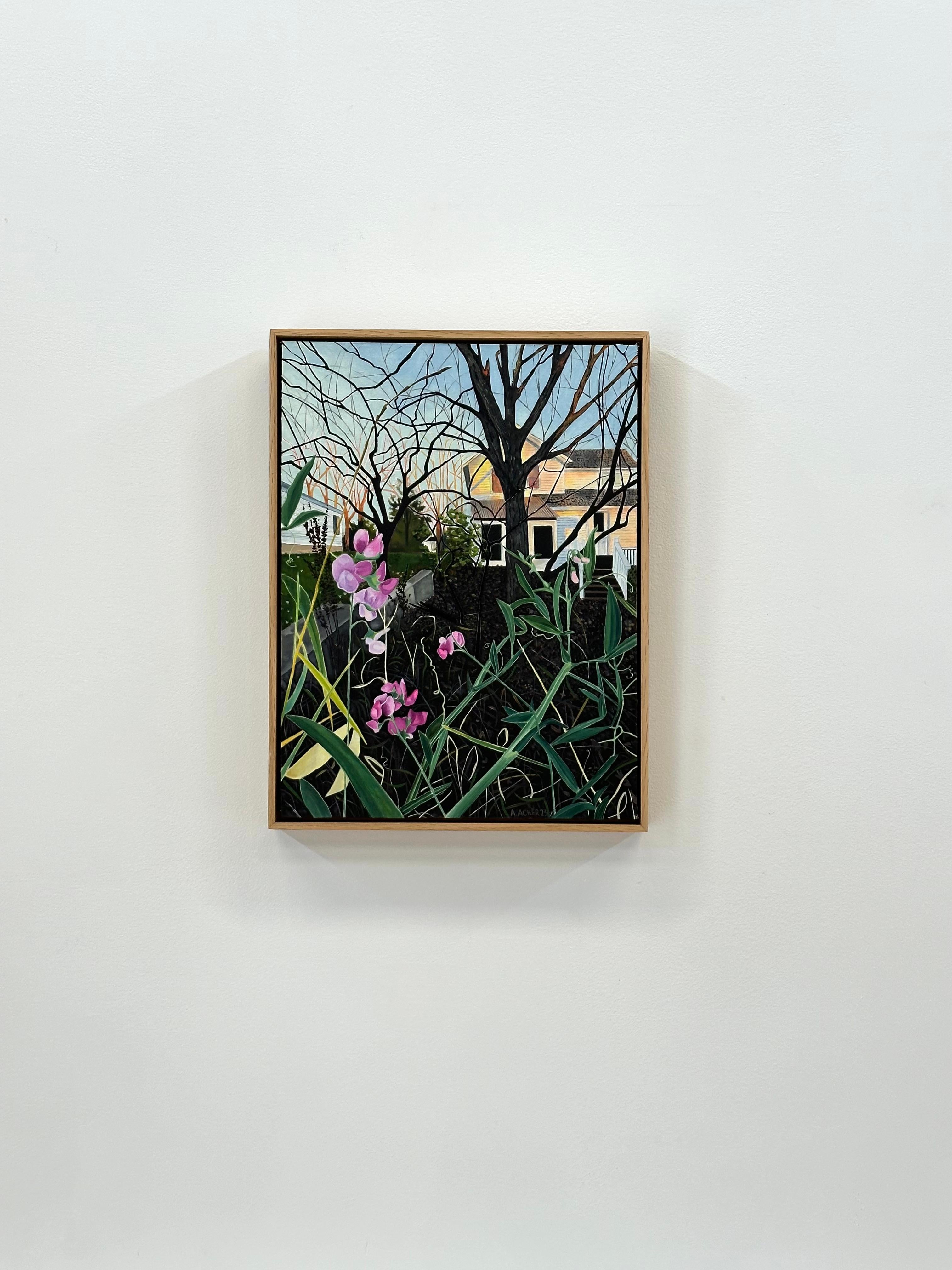 November Bloom - Contemporary Garden Painting House Sky Trees Pink Flowers, 2023 For Sale 10