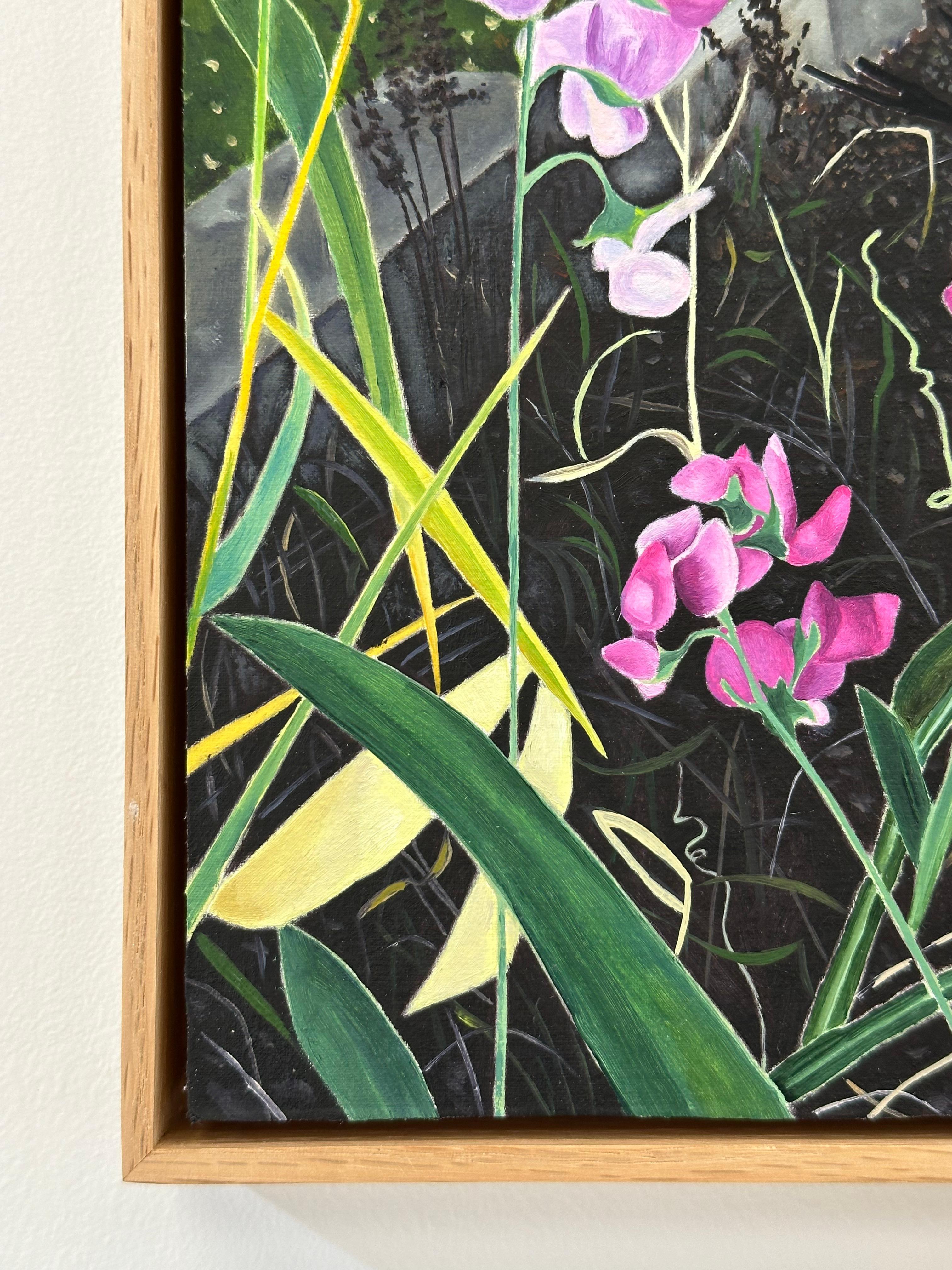 In this contemporary oil painting on muslin mounted on panel, ivory pale yellow house, illuminated by the sun, can be seen through the shrubbery in its backyard, magenta pink flowers, green leaves and tree branches in a pale blue sky. Signed and