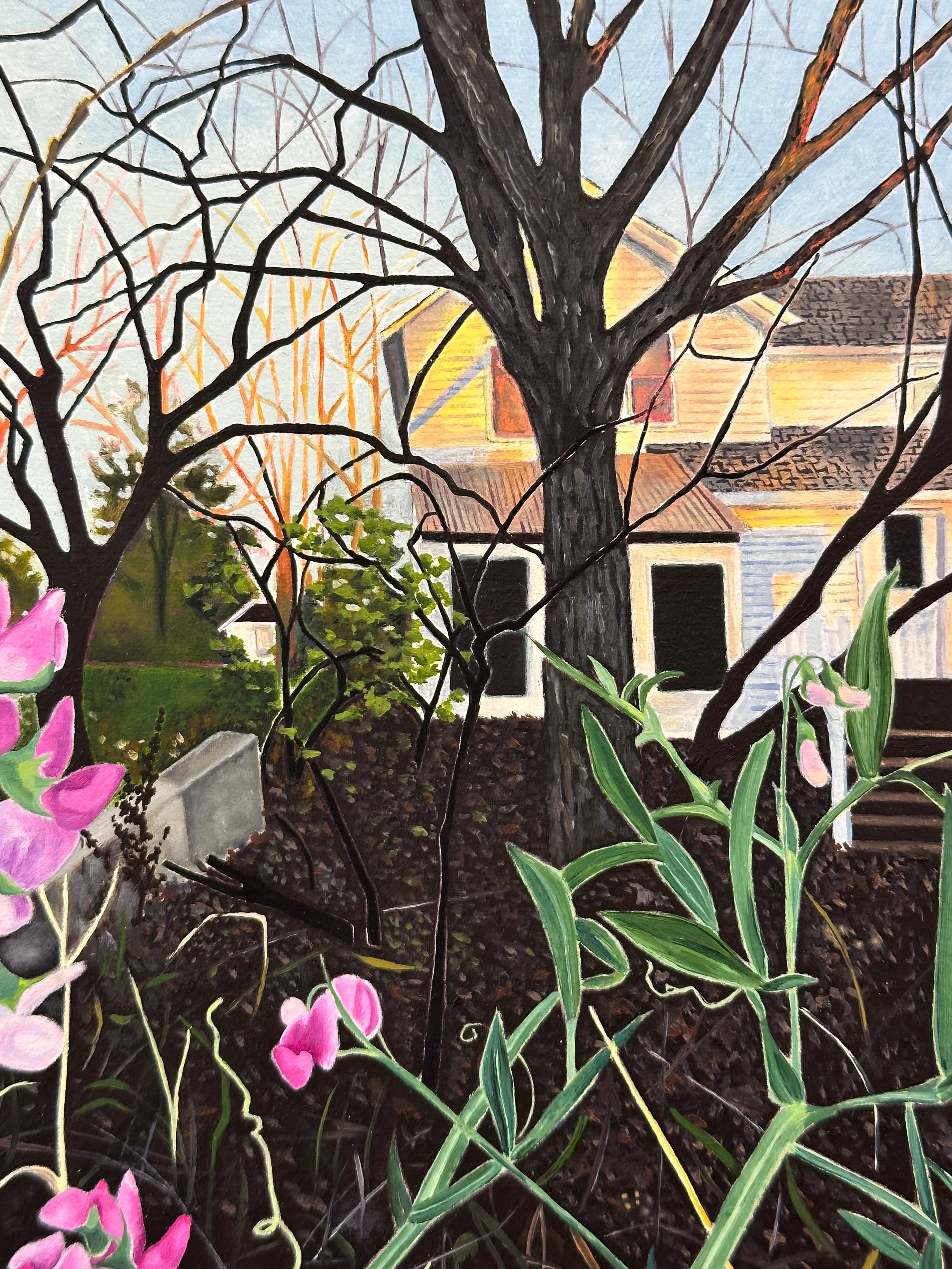 November Bloom - Contemporary Garden Painting House Sky Trees Pink Flowers, 2023 For Sale 1