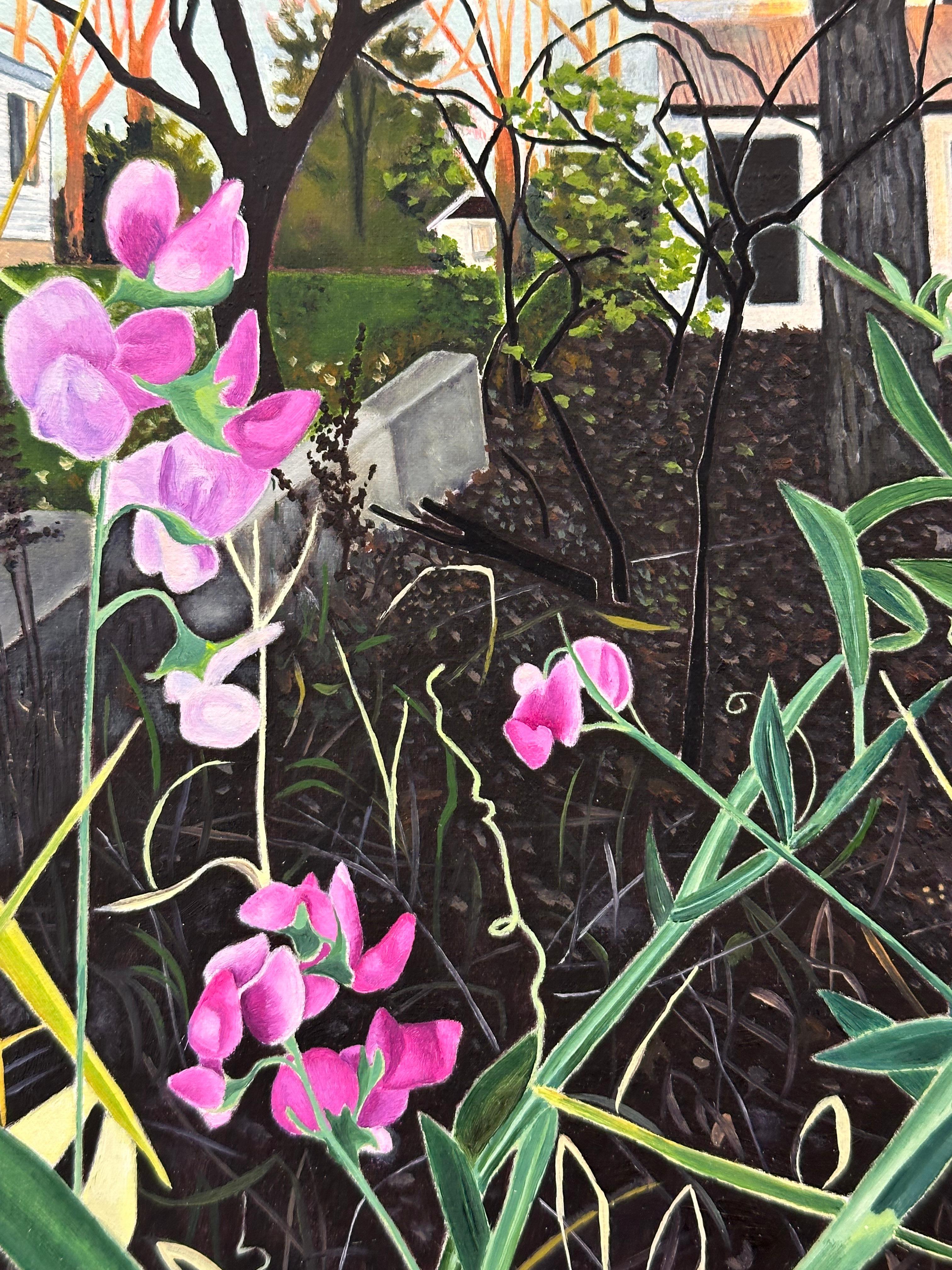 November Bloom - Contemporary Garden Painting House Sky Trees Pink Flowers, 2023 For Sale 2