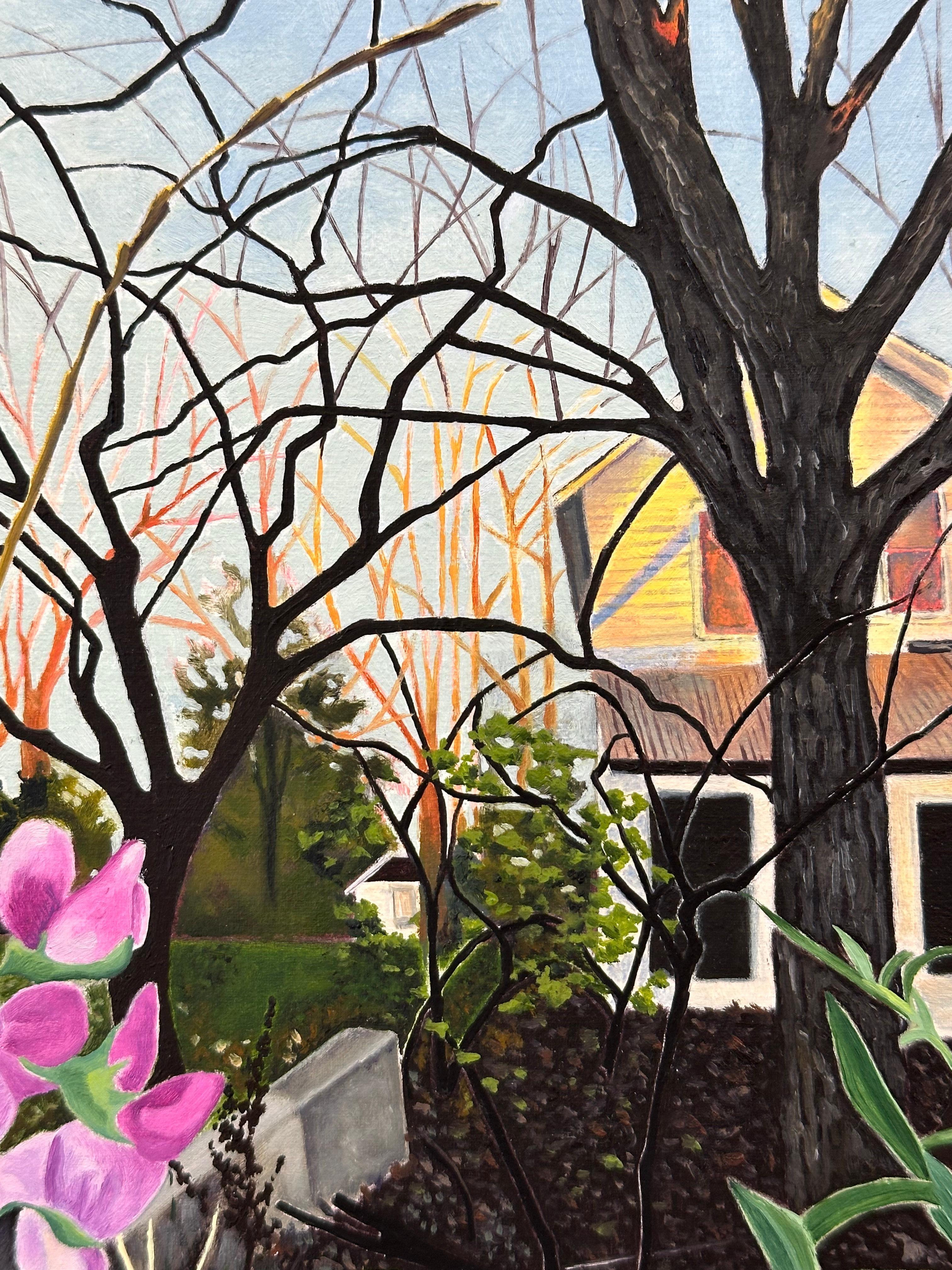 November Bloom - Contemporary Garden Painting House Sky Trees Pink Flowers, 2023 For Sale 4