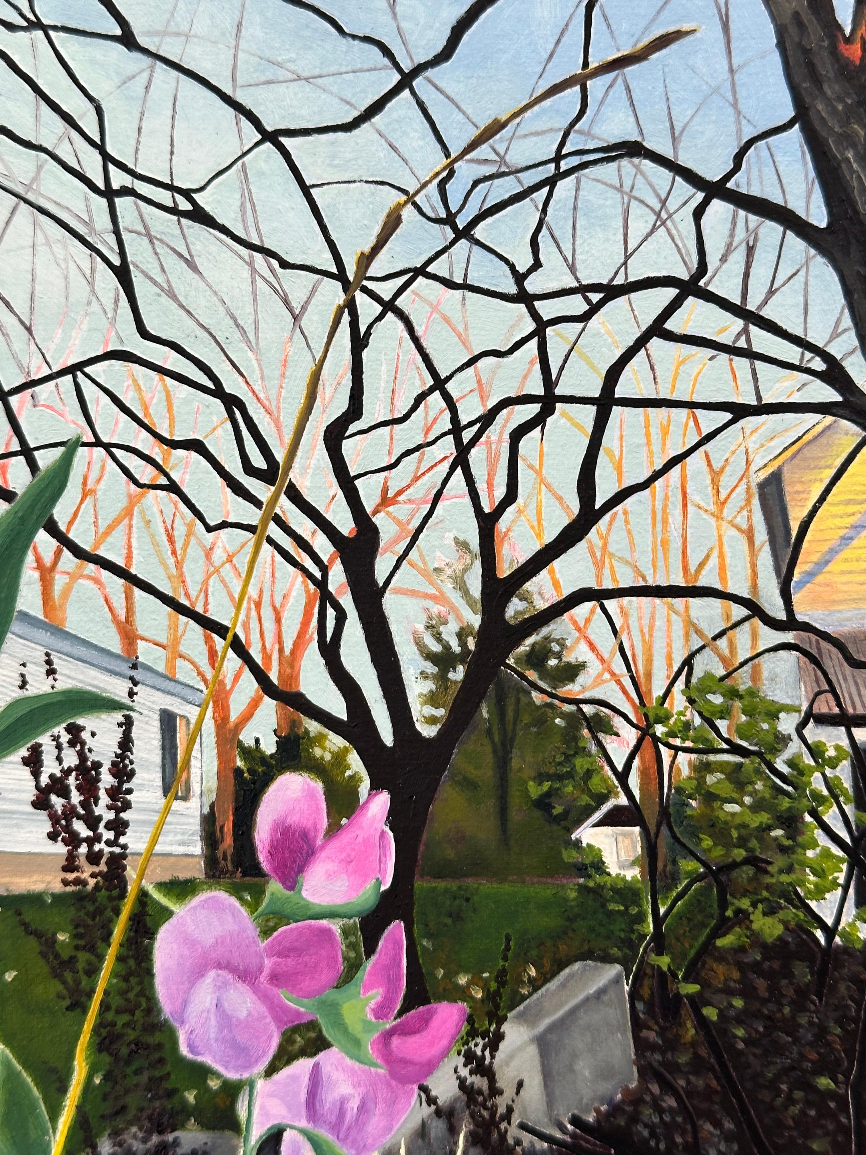 November Bloom - Contemporary Garden Painting House Sky Trees Pink Flowers, 2023 For Sale 5