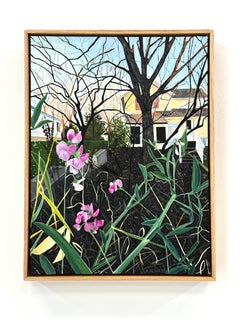 November Bloom - Garden Painting House Sky Trees Pink Orchid Flowers, 2023