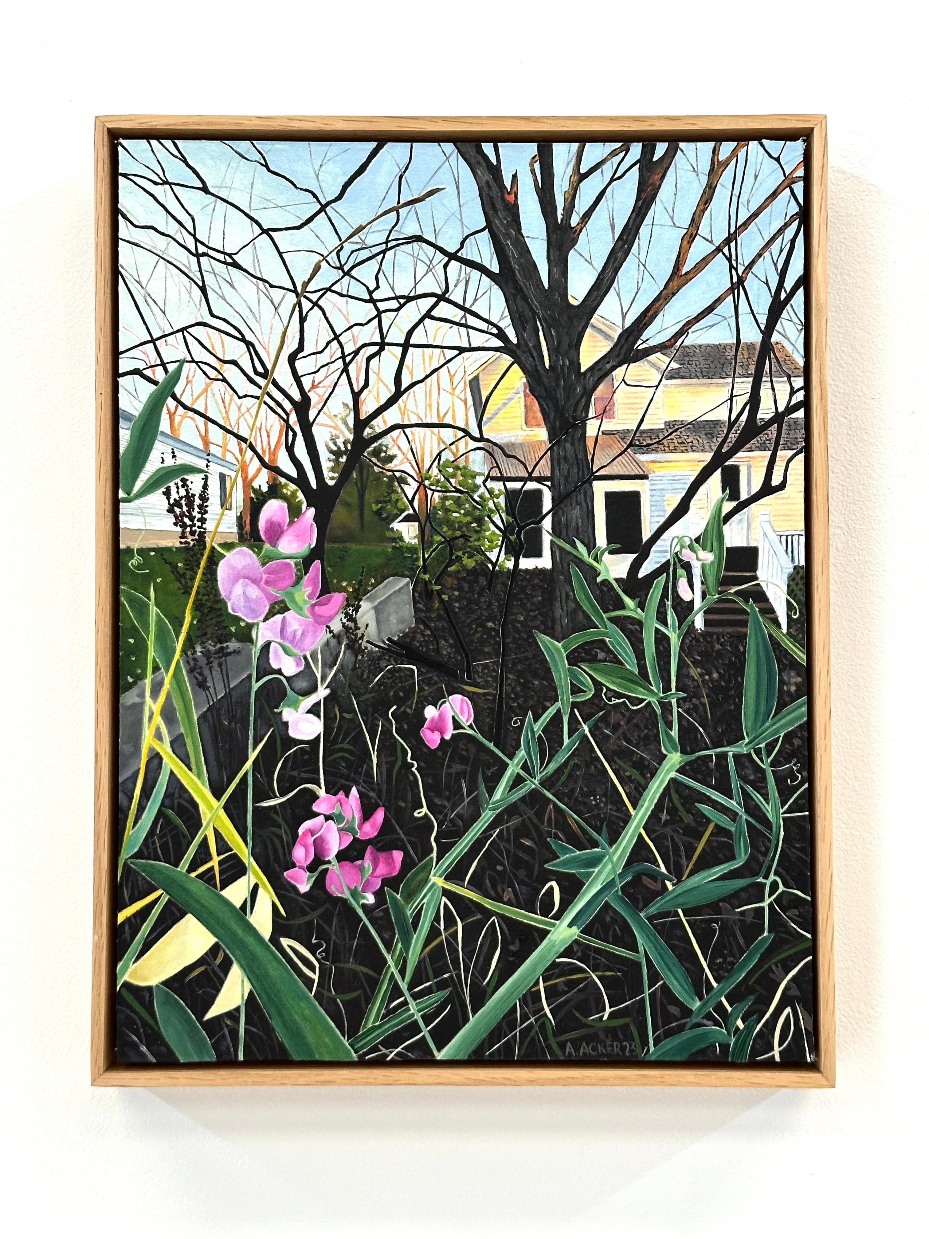 November Bloom, Ivory House, Blue Sky, Trees, Magenta Pink Flowers, Backyard - Painting by Amanda Acker