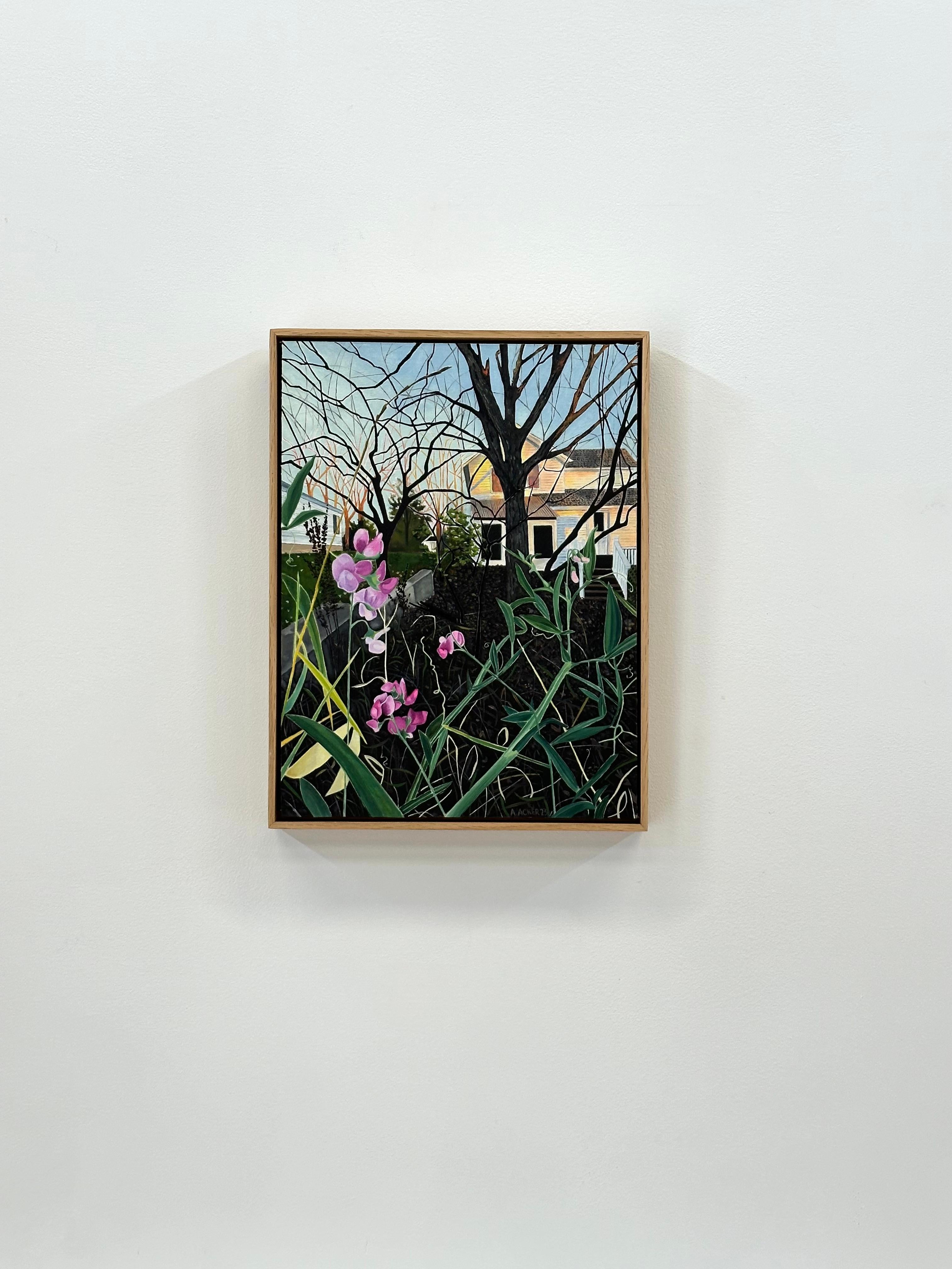 November Bloom, Ivory House, Blue Sky, Trees, Magenta Pink Flowers, Backyard - Contemporary Painting by Amanda Acker