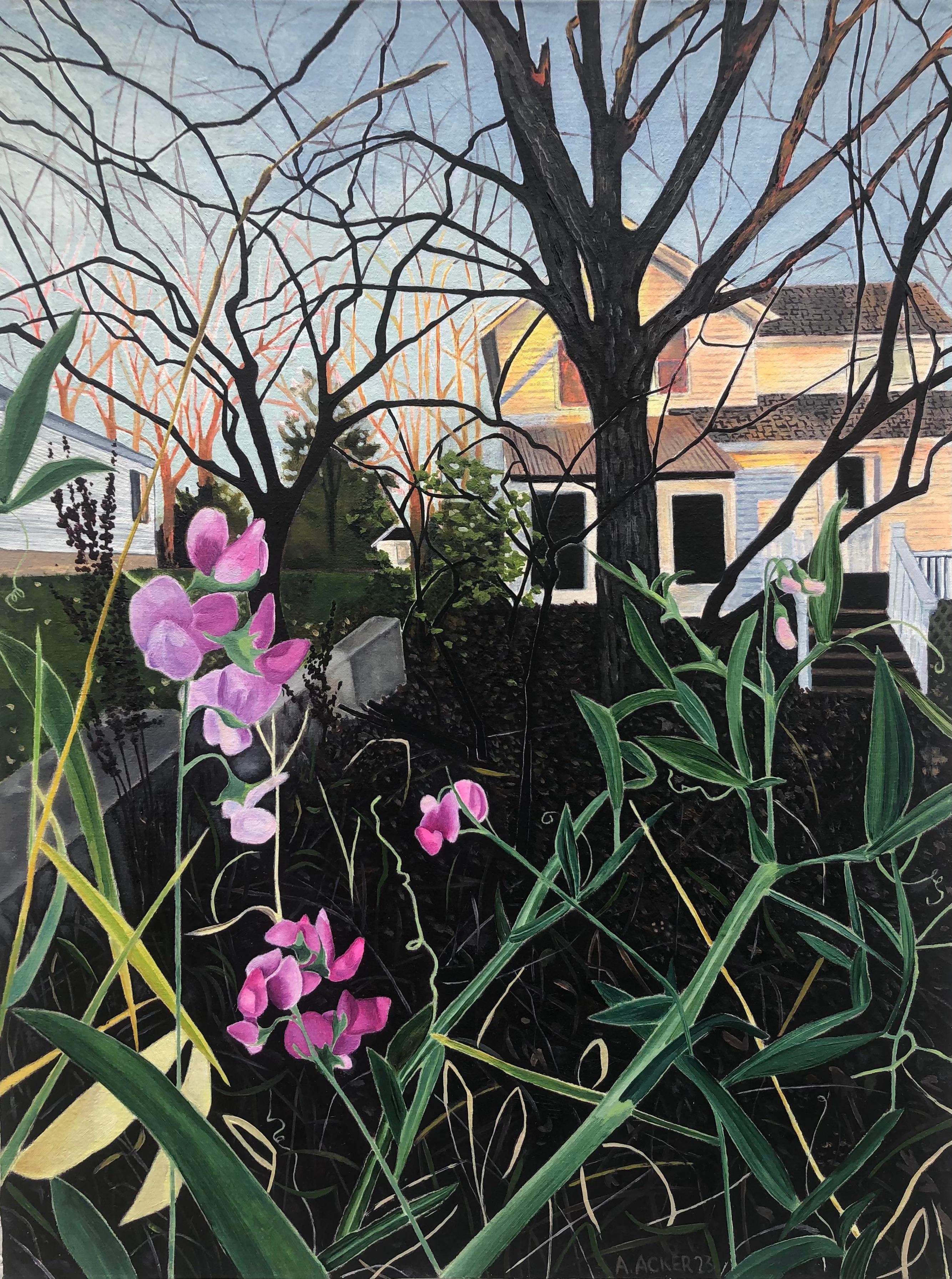 Amanda Acker Landscape Painting - November Bloom, Ivory House, Blue Sky, Trees, Magenta Pink Flowers, Backyard