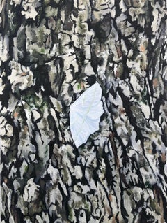 Pale Beauty - Contemporary Insect Painting White Moth on Tree, 2023