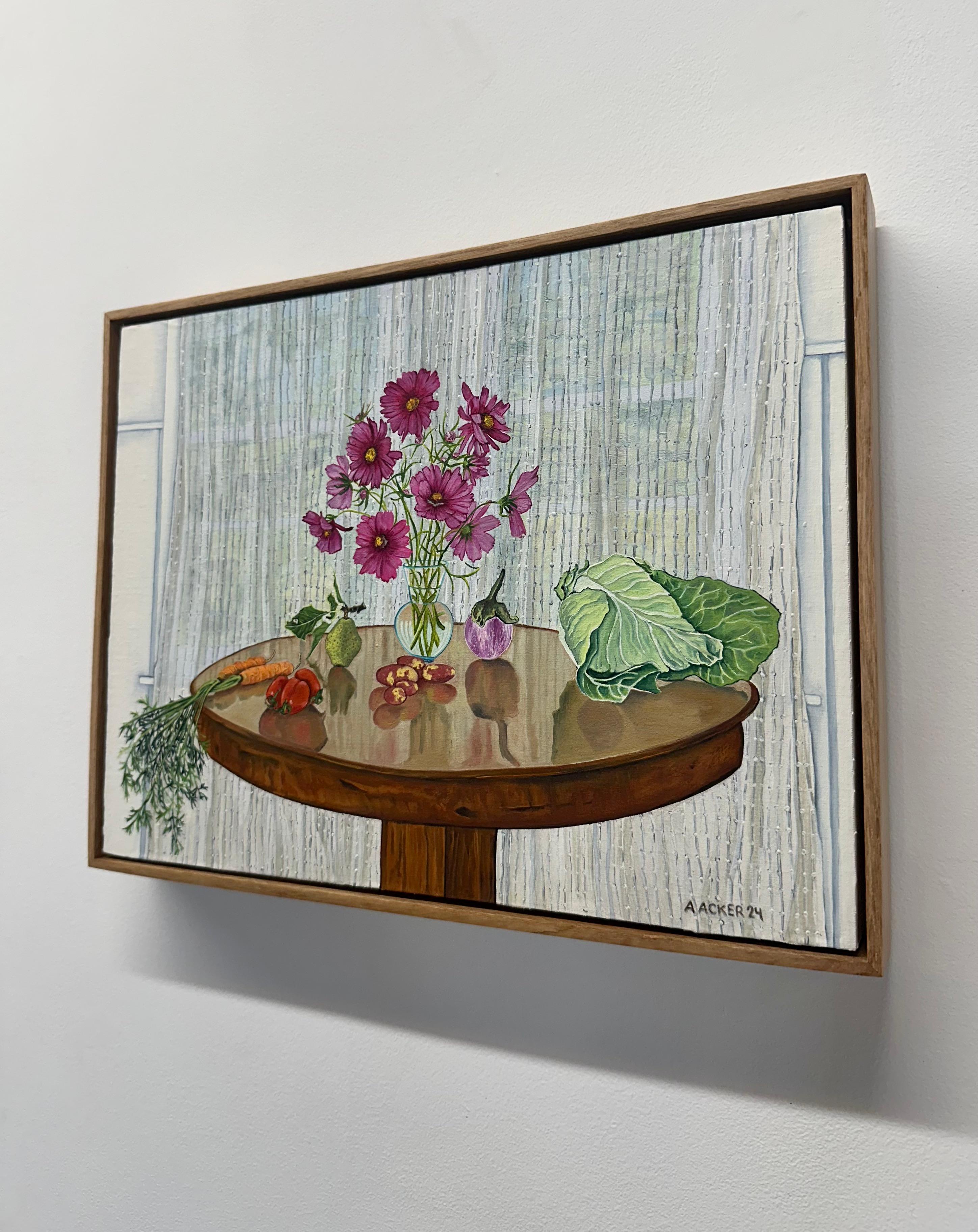 Proud Vegetables - Table Still Life White Flowers Lettuce Carrots Pear, 2024 - Painting de Amanda Acker