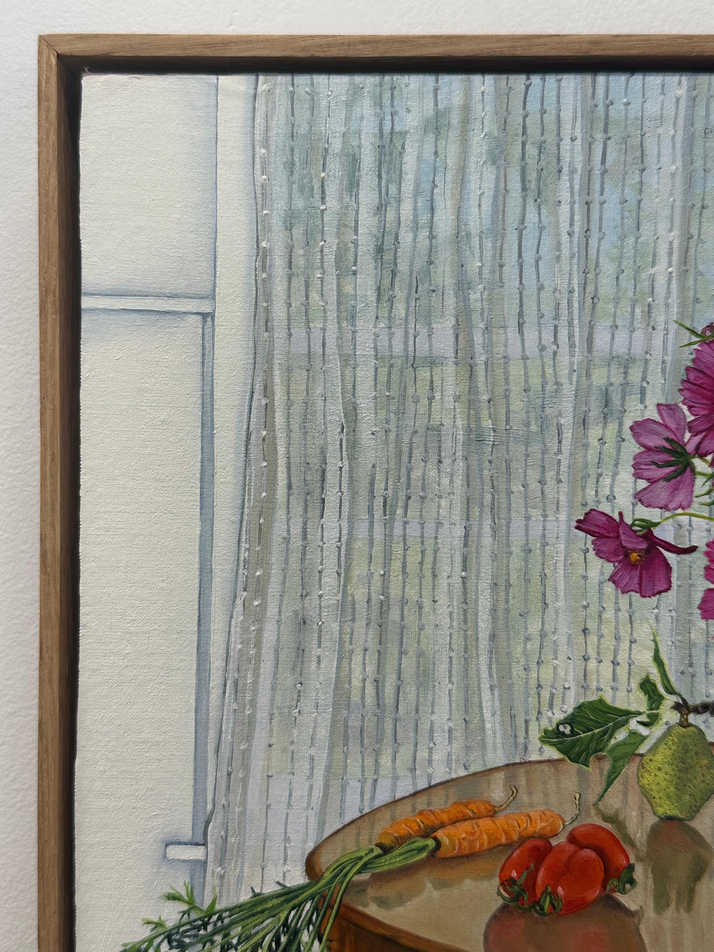Proud Vegetables - Table Still Life White Flowers Lettuce Carrots Pear, 2024 - Painting Contemporáneo de Amanda Acker
