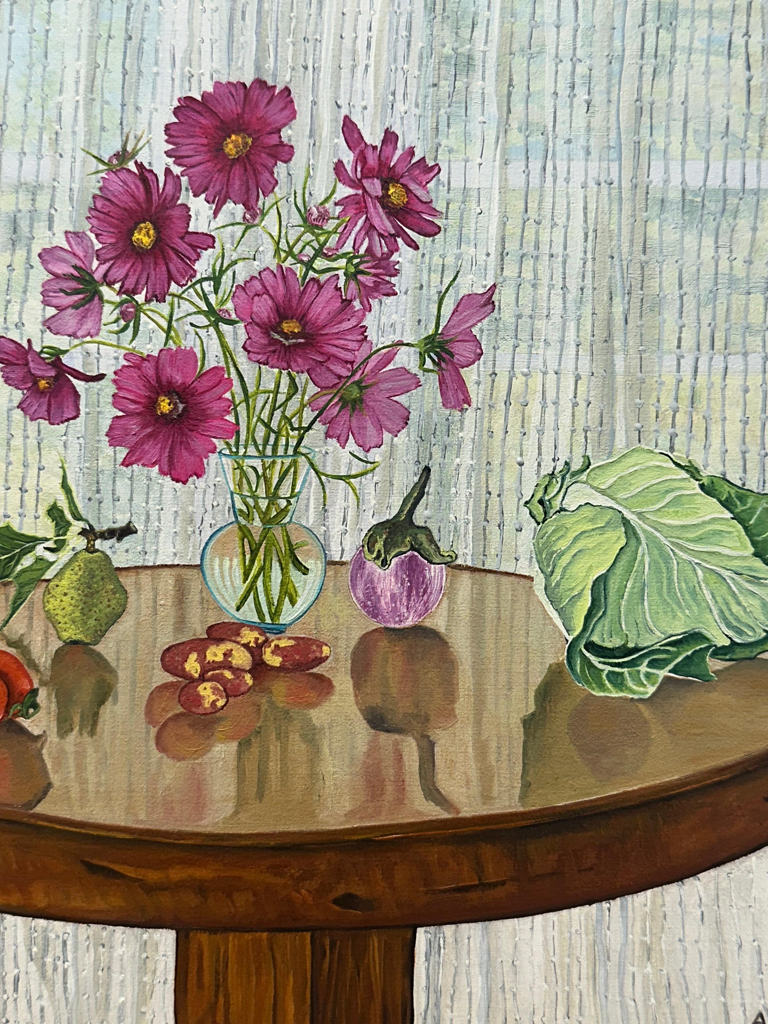Proud Vegetables - Table Still Life White Flowers Lettuce Carrots Pear, 2024 - Gray Still-Life Painting by Amanda Acker