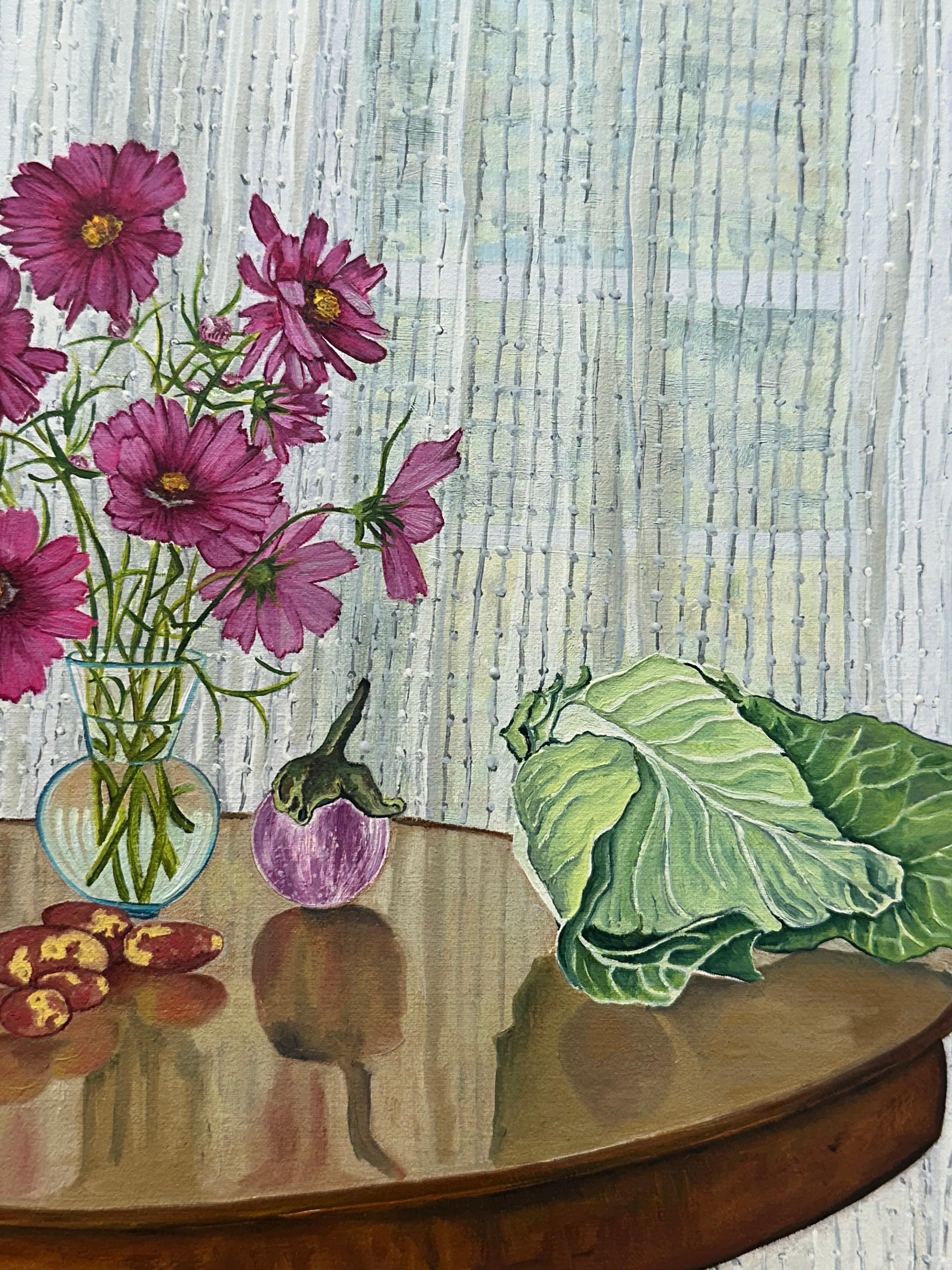 Proud Vegetables - Table Still Life White Flowers Lettuce Carrots Pear, 2024 en venta 2