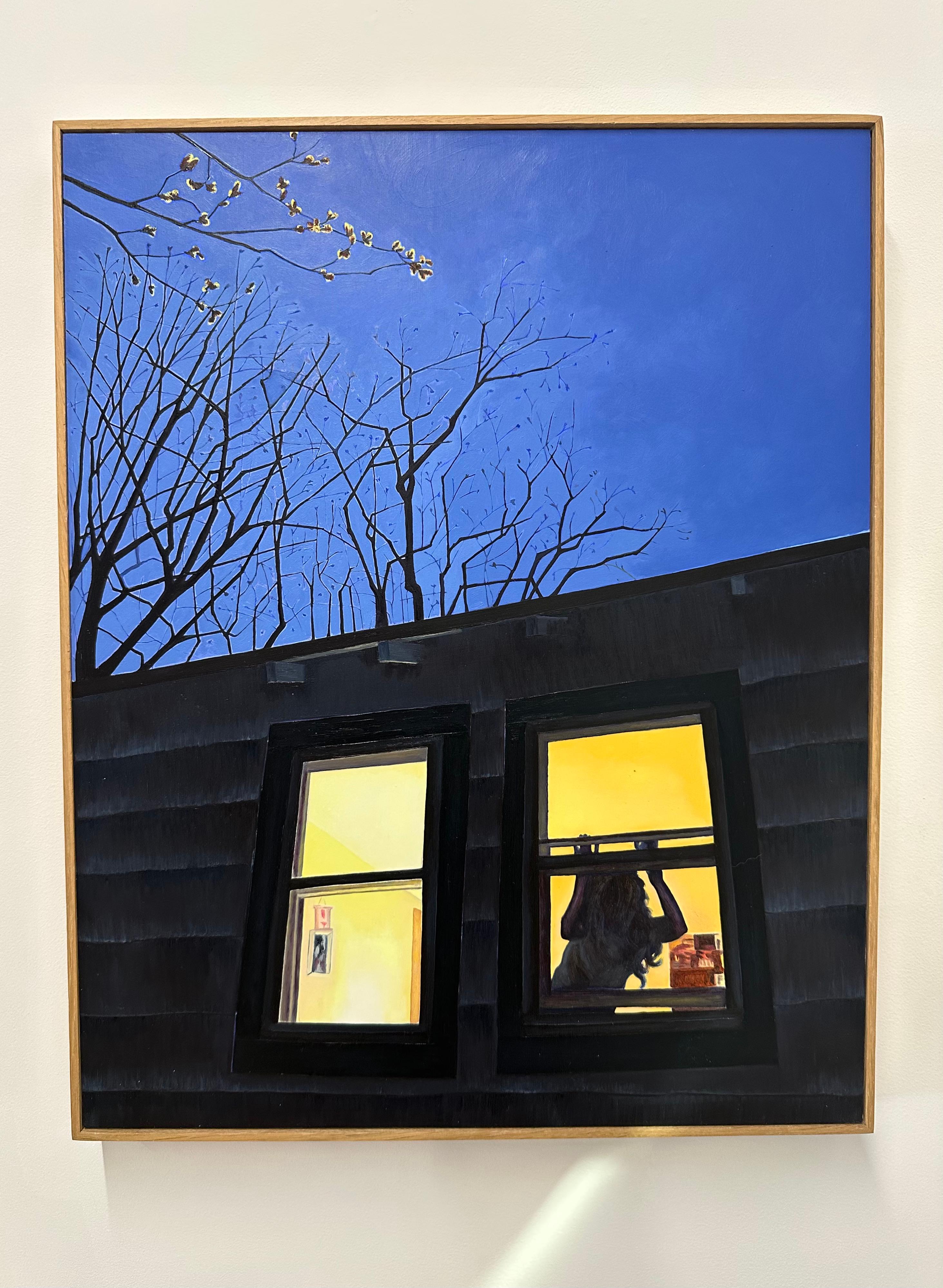 Spring Chill, Female Figure in Window, House at Night, Blue, Black Tree Branches - Painting by Amanda Acker