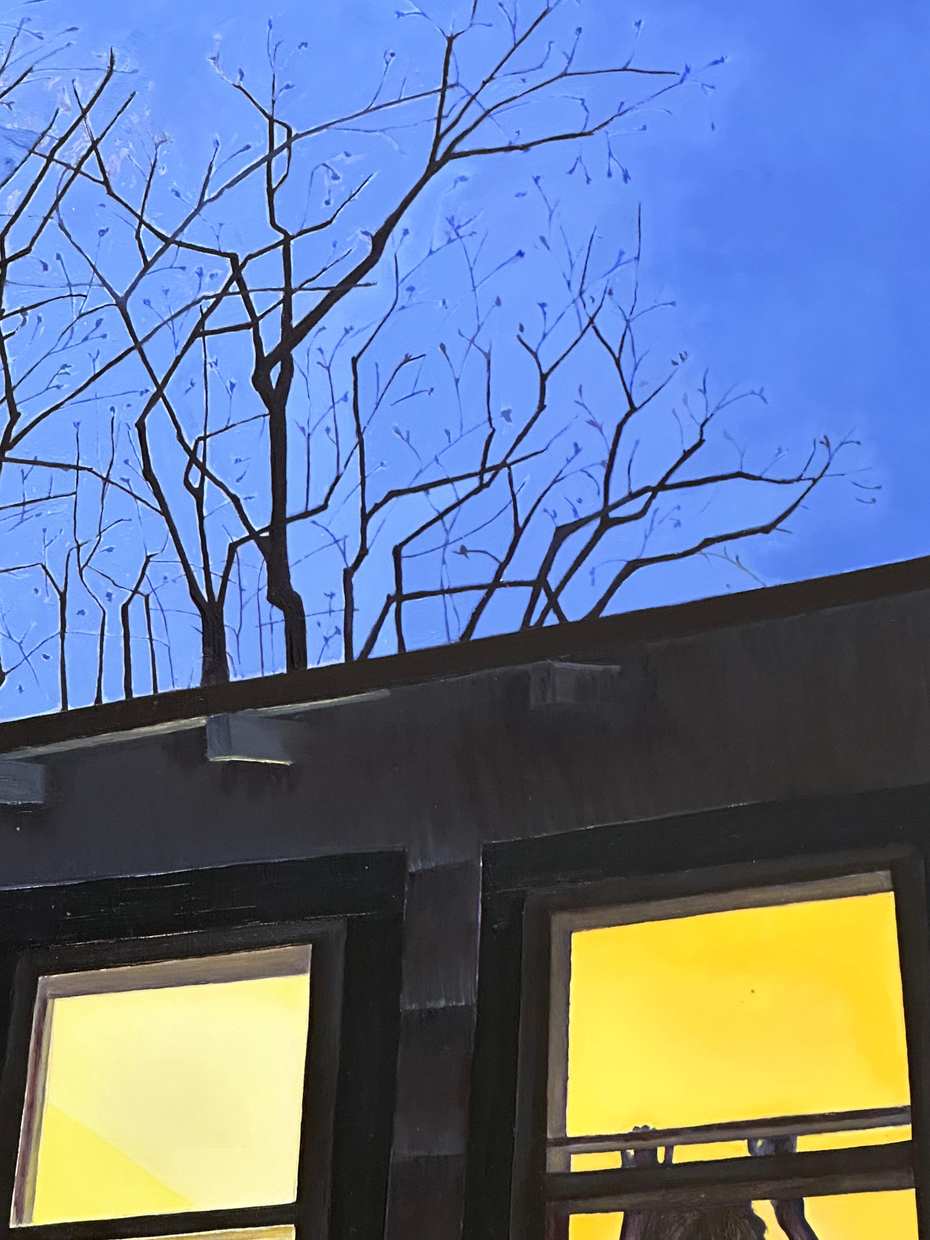 Spring Chill, Female Figure in Window, House at Night, Blue, Black Tree Branches 2