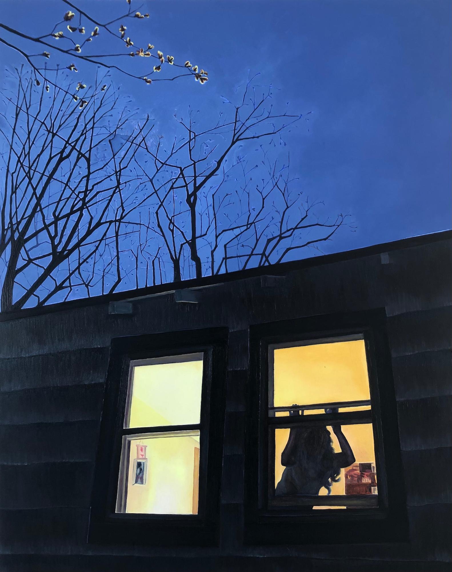 Amanda Acker Figurative Painting - Spring Chill, Female Figure in Window, House at Night, Blue, Black Tree Branches