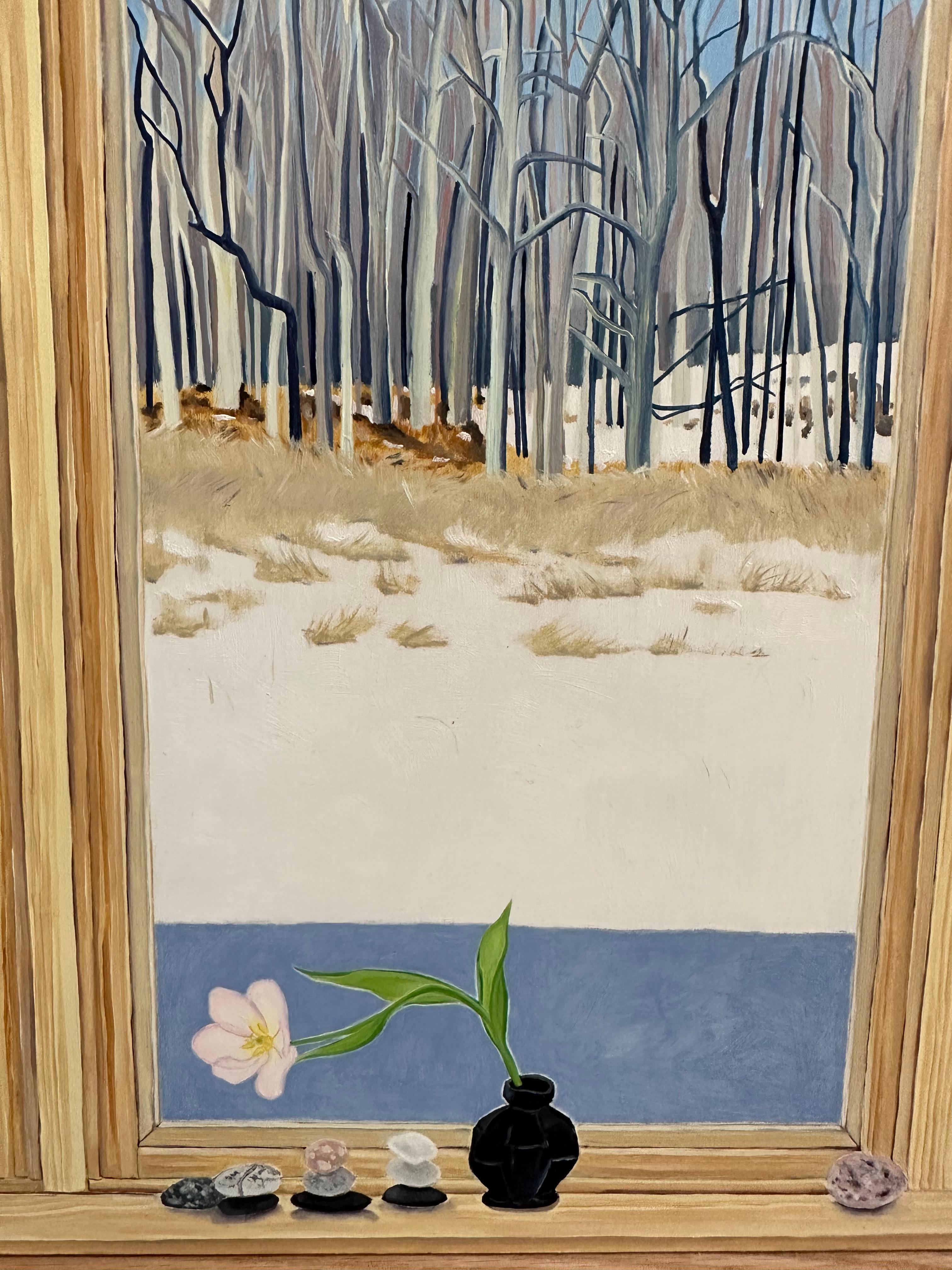 Tulipanes Hablando - Naturaleza Muerta Flores Blancas Ventana Cielo Árboles de Invierno Nieve, 2023 en venta 3