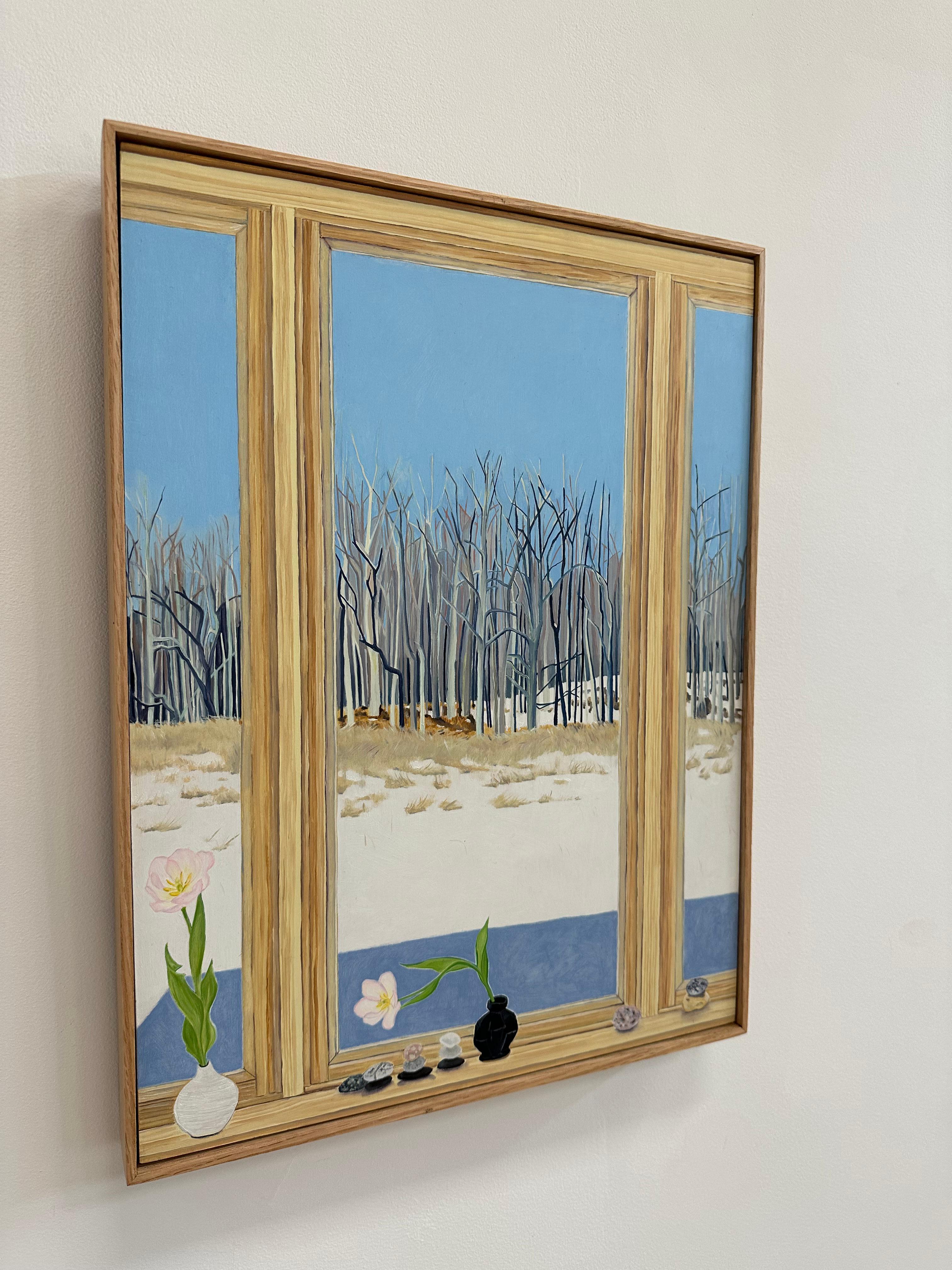 Tulpen im Gespräch, weiße Blumen, gelbes Fenster, blauer Himmel, Winterbäume, weißer Schnee (Zeitgenössisch), Painting, von Amanda Acker