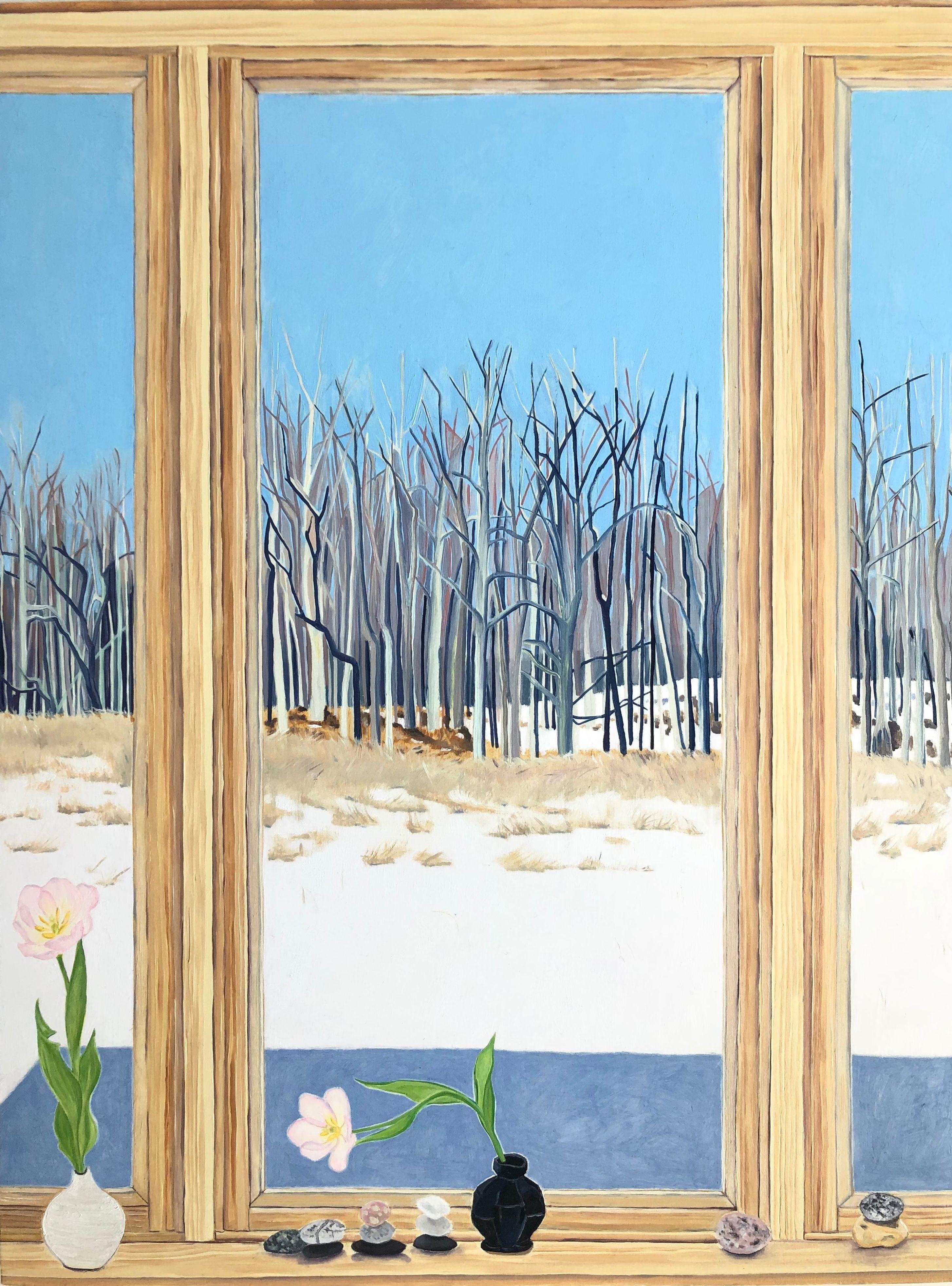 Amanda Acker Still-Life Painting – Tulpen im Gespräch, weiße Blumen, gelbes Fenster, blauer Himmel, Winterbäume, weißer Schnee