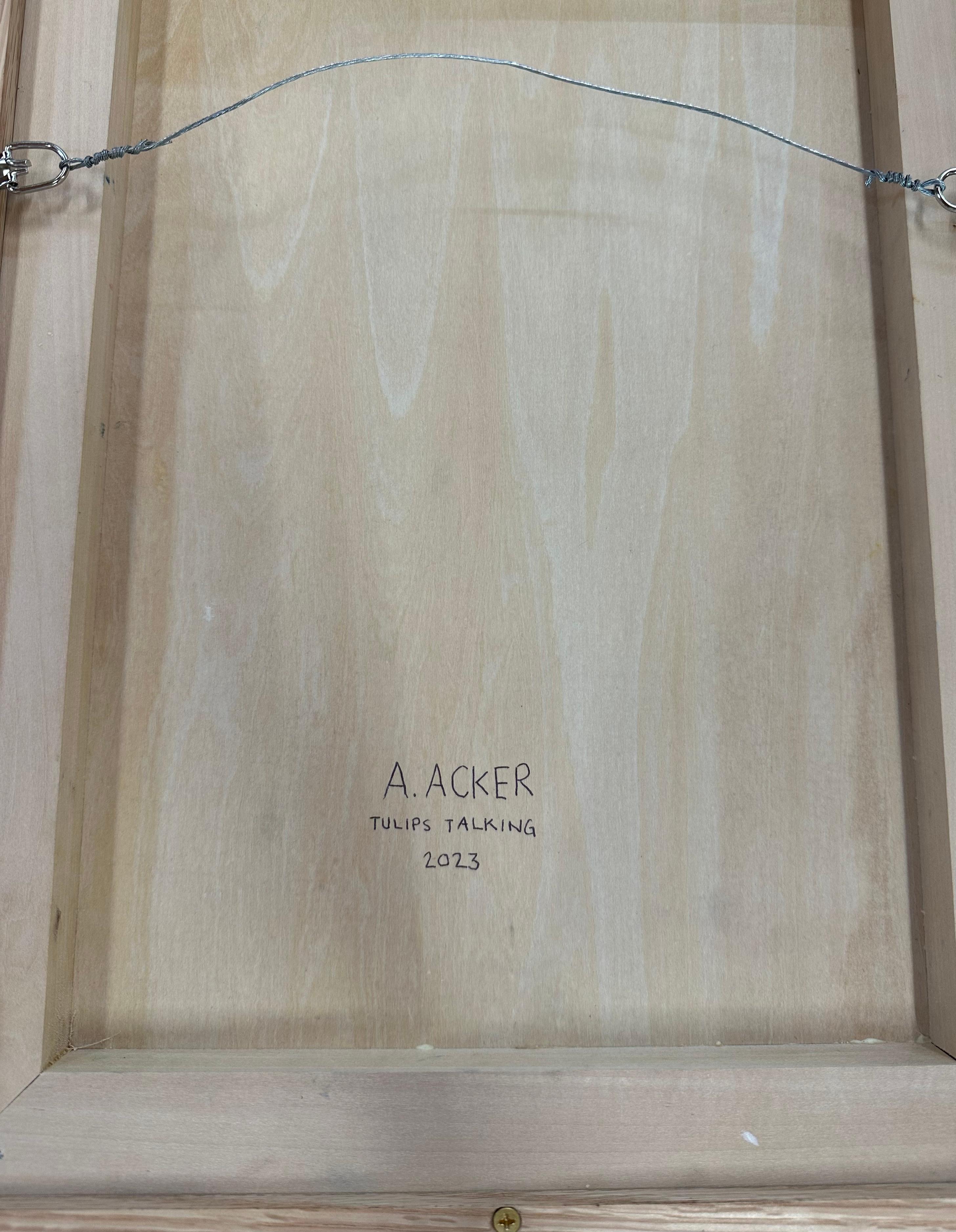 Tulips Talking - Winter Still Life White Flowers Window Sky Trees Snow, 2023 For Sale 7