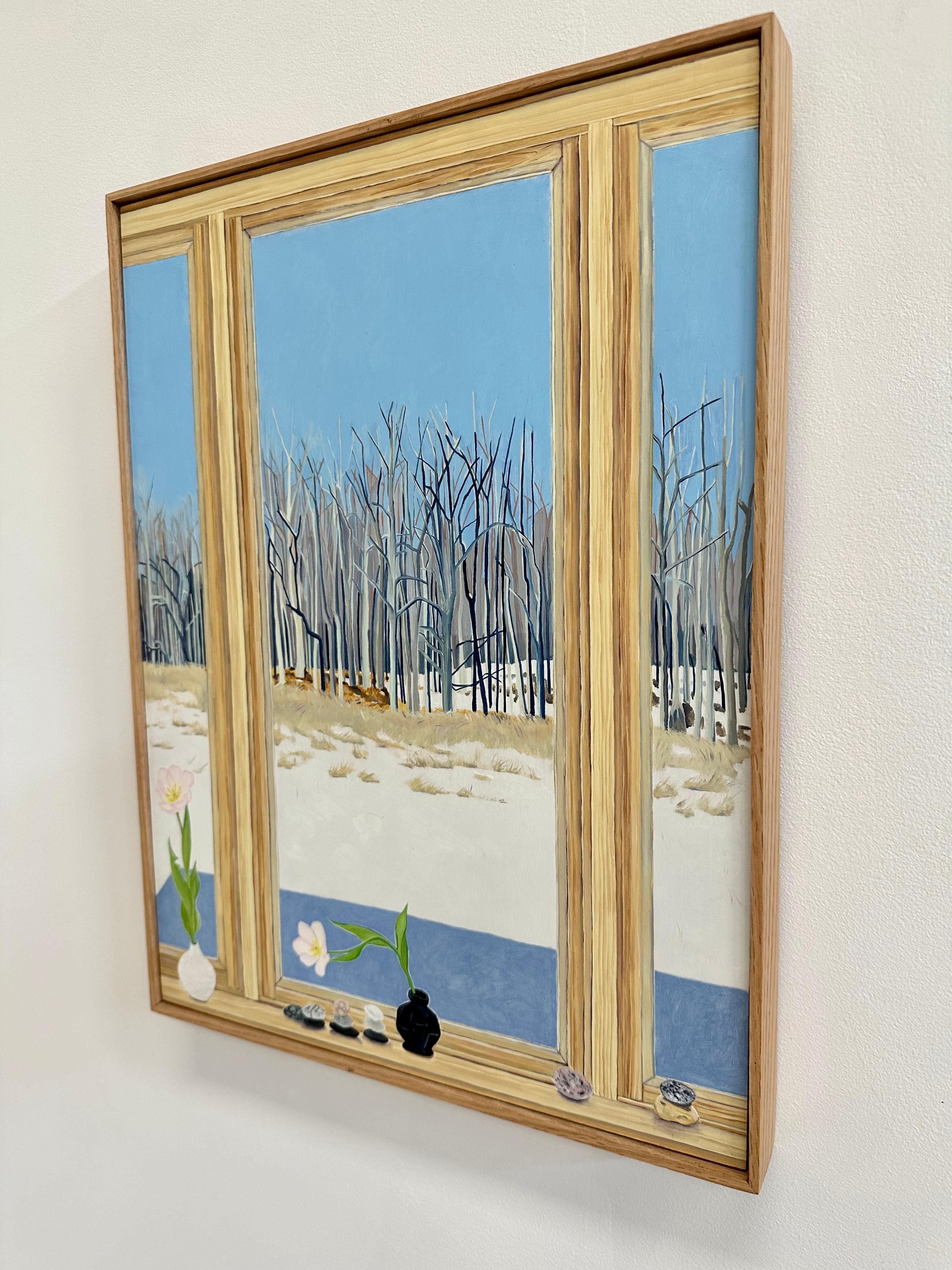 Tulips Talking - Winter Still Life White Flowers Window Sky Trees Snow, 2023 For Sale 8