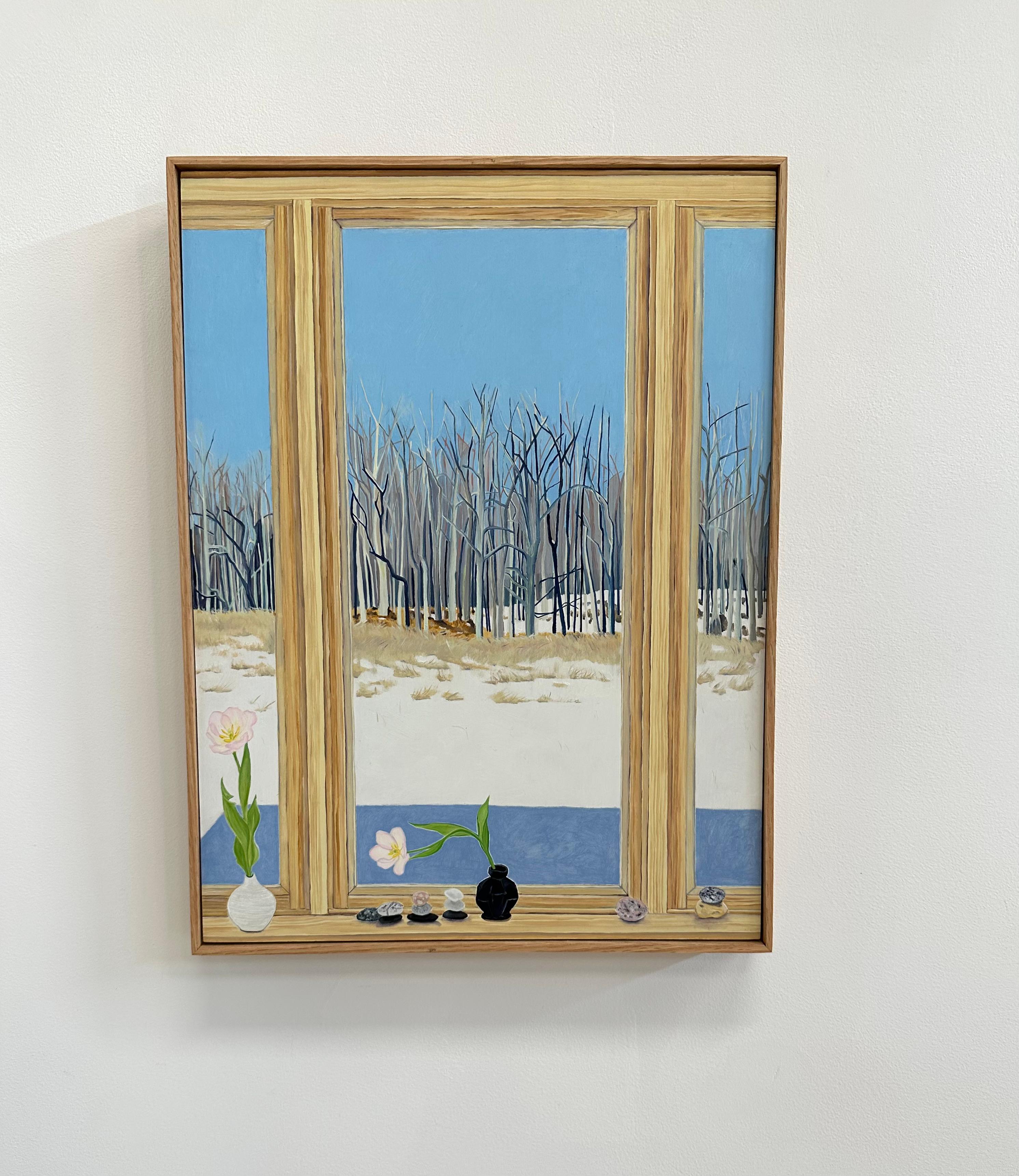 Tulips Talking - Winter Still Life White Flowers Window Sky Trees Snow, 2023 - Painting by Amanda Acker