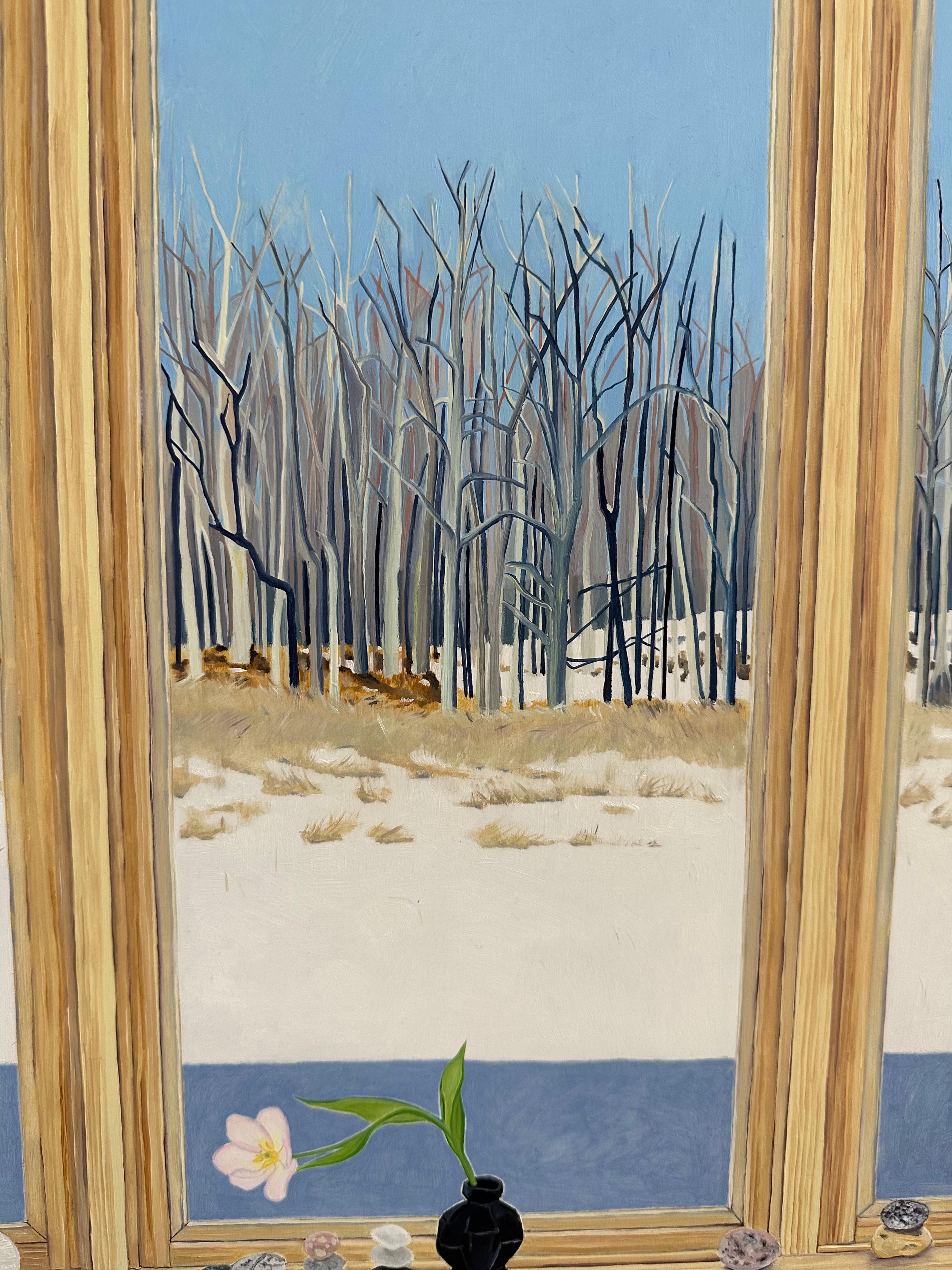 Tulips Talking - Winter Still Life White Flowers Window Sky Trees Snow, 2023 For Sale 2