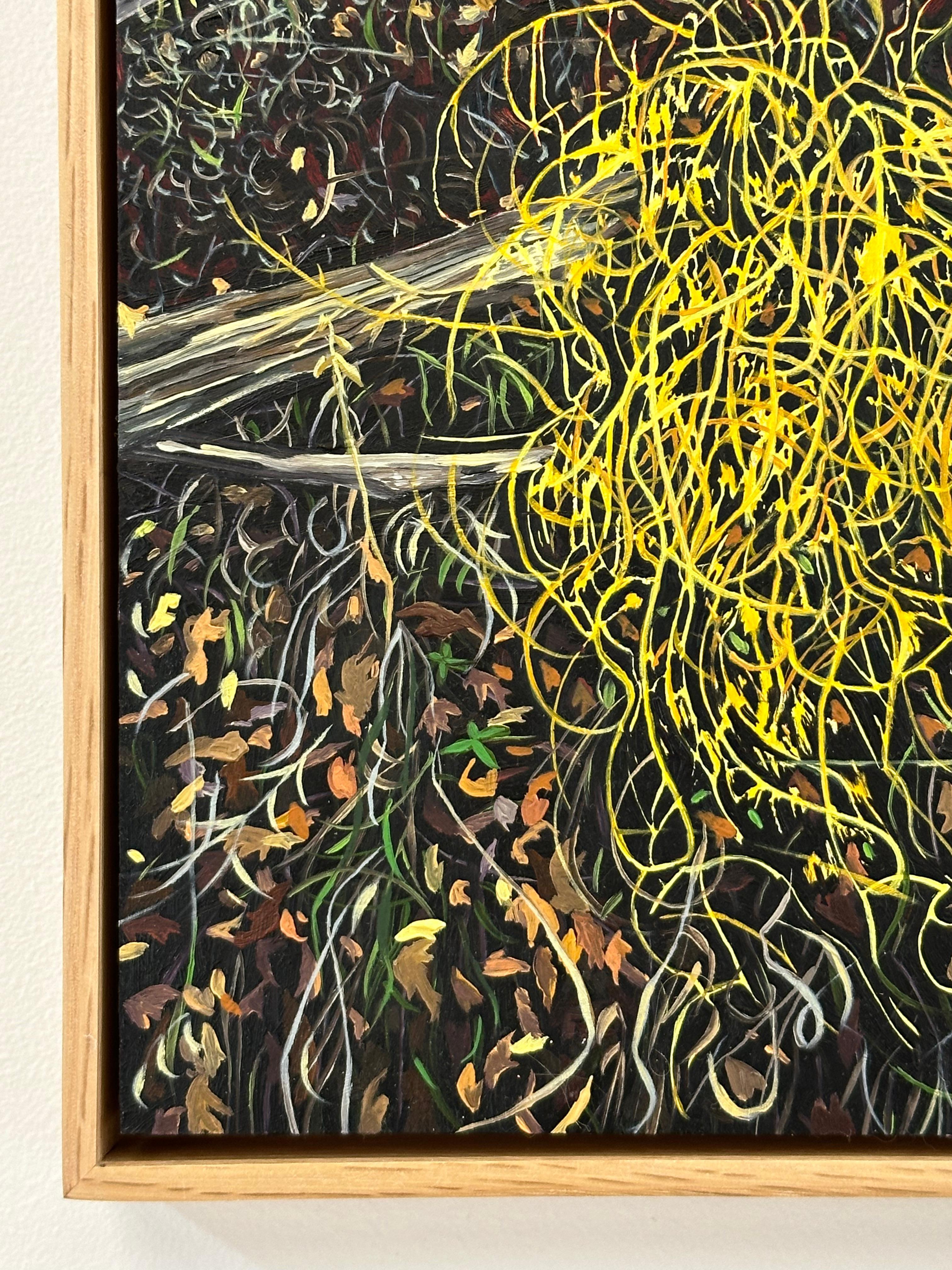 A bright yellow wild asparagus bush can be seen surrounded by leaves on the ground, barren tree branches framing a pale blue sky. Signed and dated on recto, signed, dated and titled on verso.

Amanda Acker’s nuanced oil paintings on panel give a