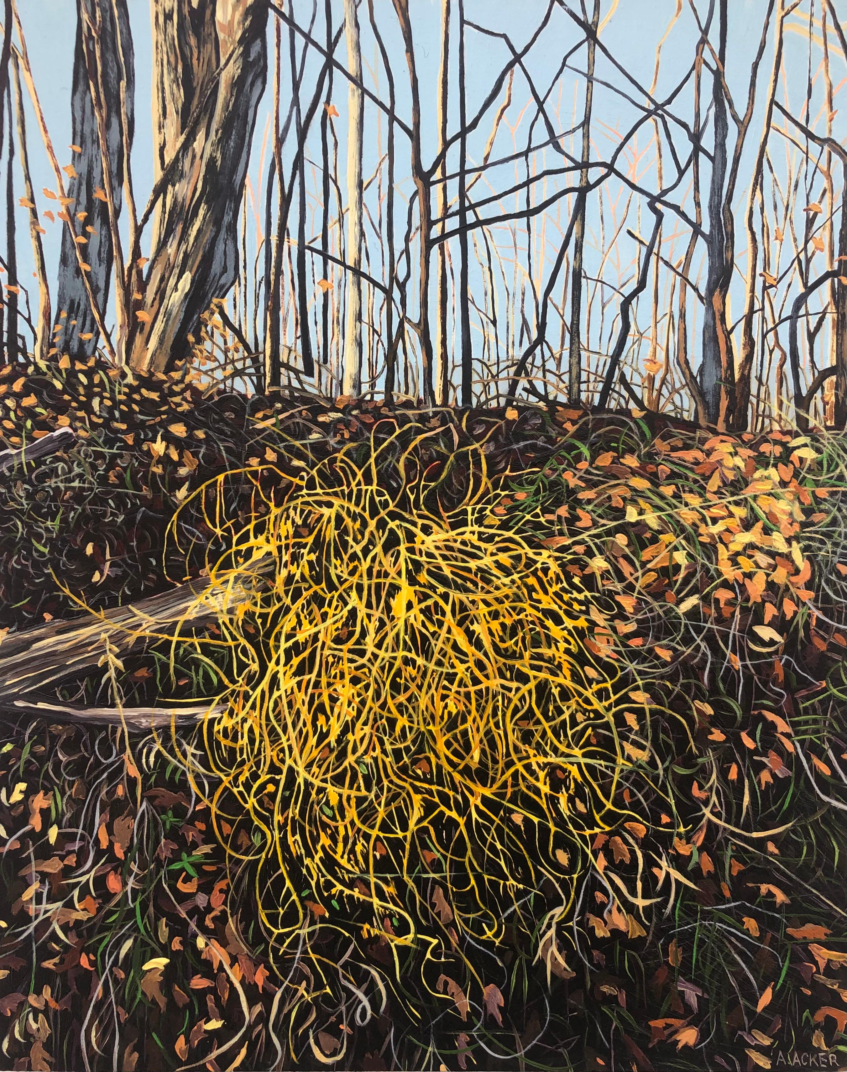 Amanda Acker Landscape Painting – Wilder Spargel, Gelber Busch im Wald, Bäume, blauer Himmel, Blätter auf dem Boden