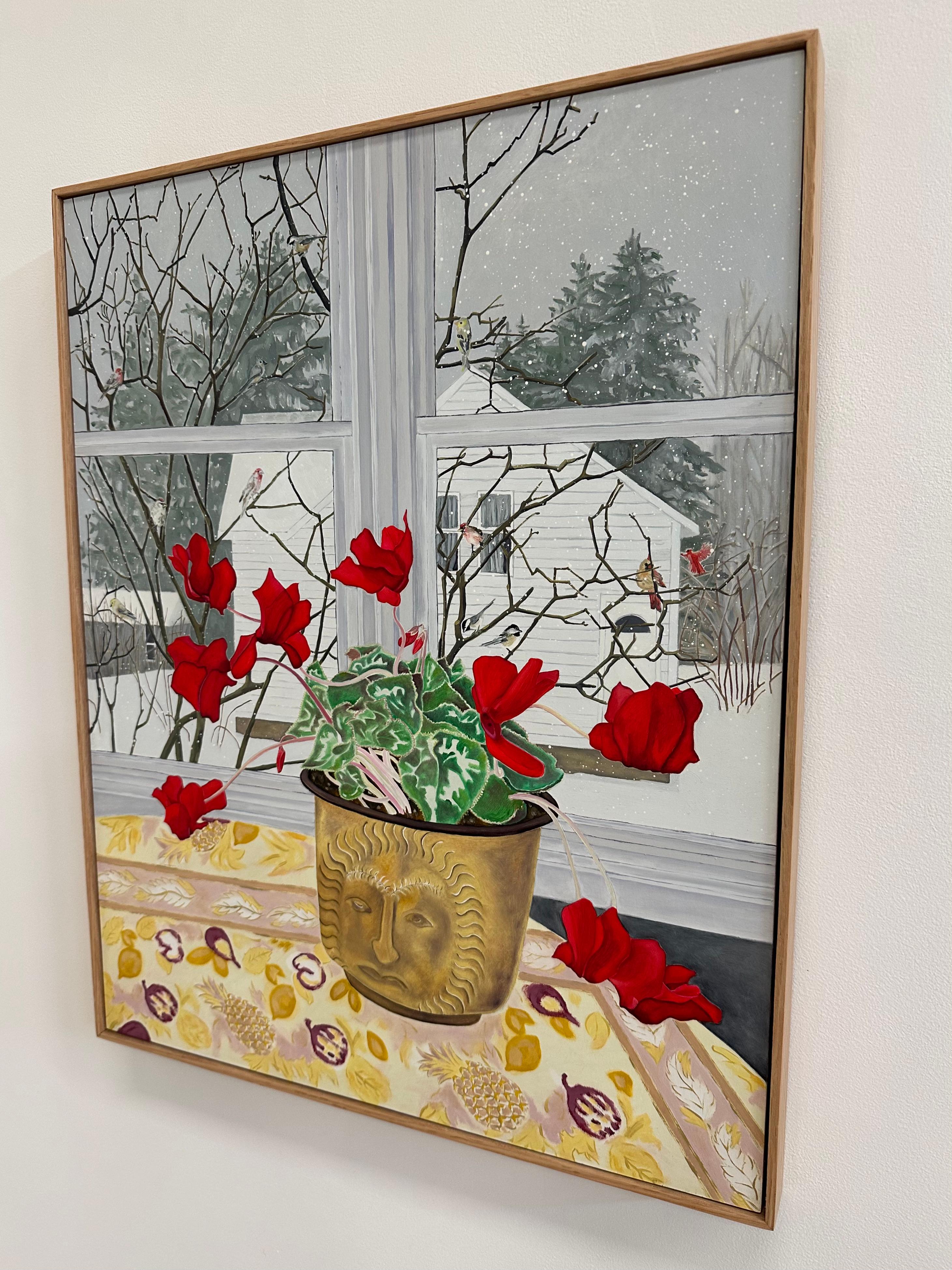 Winter Birds, Crimson Red Flowers, Green Leaves, White Snow, Winter Landscape For Sale 8