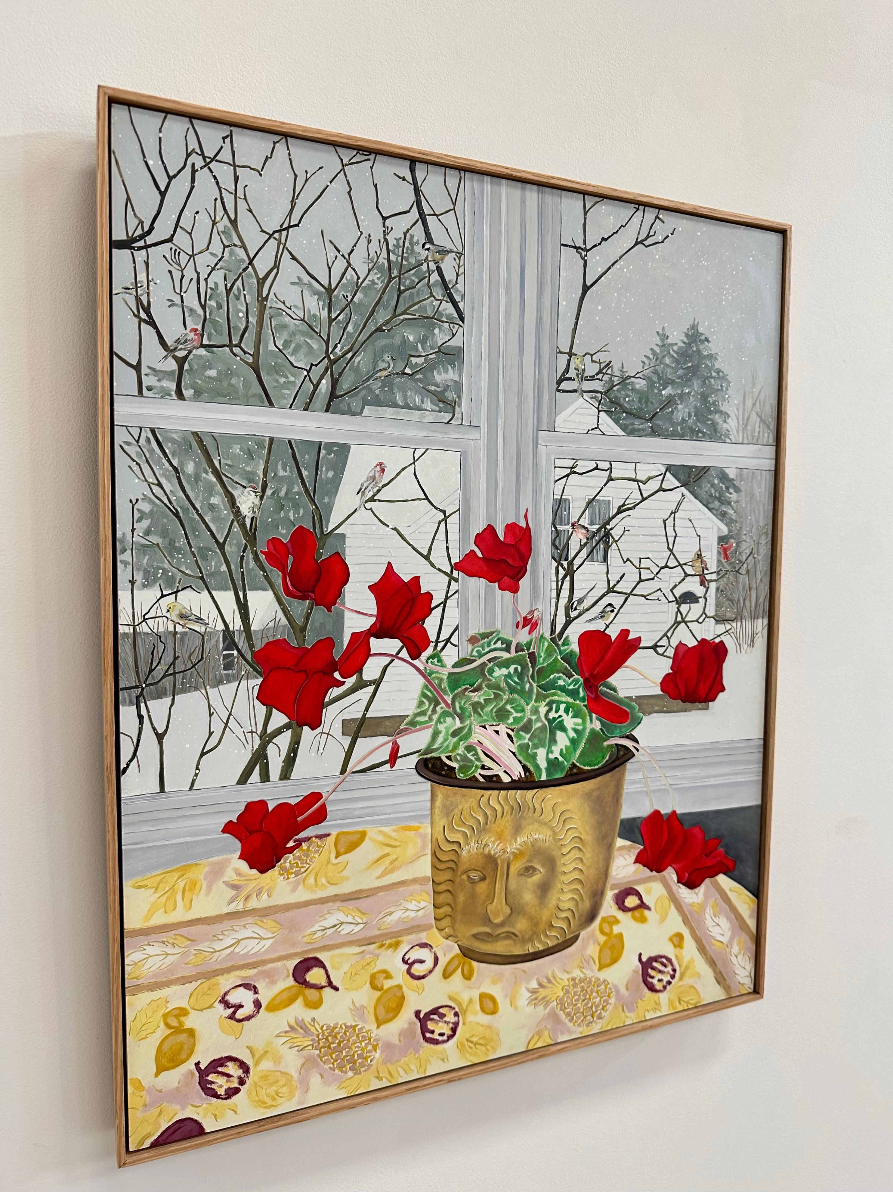 Winter Birds, Crimson Red Flowers, Green Leaves, White Snow, Winter Landscape - Painting by Amanda Acker