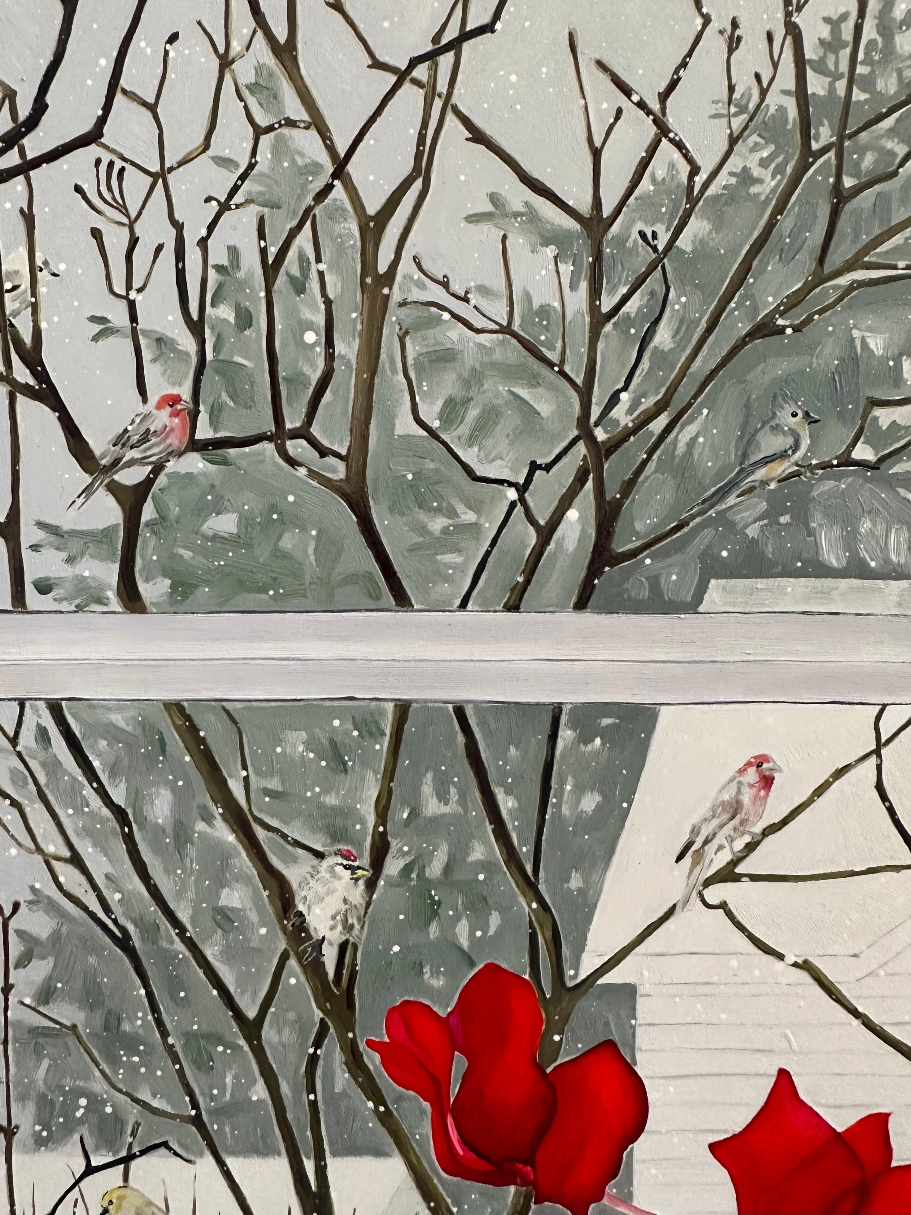Winter Birds, Crimson Red Flowers, Green Leaves, White Snow, Winter Landscape - Contemporary Painting by Amanda Acker