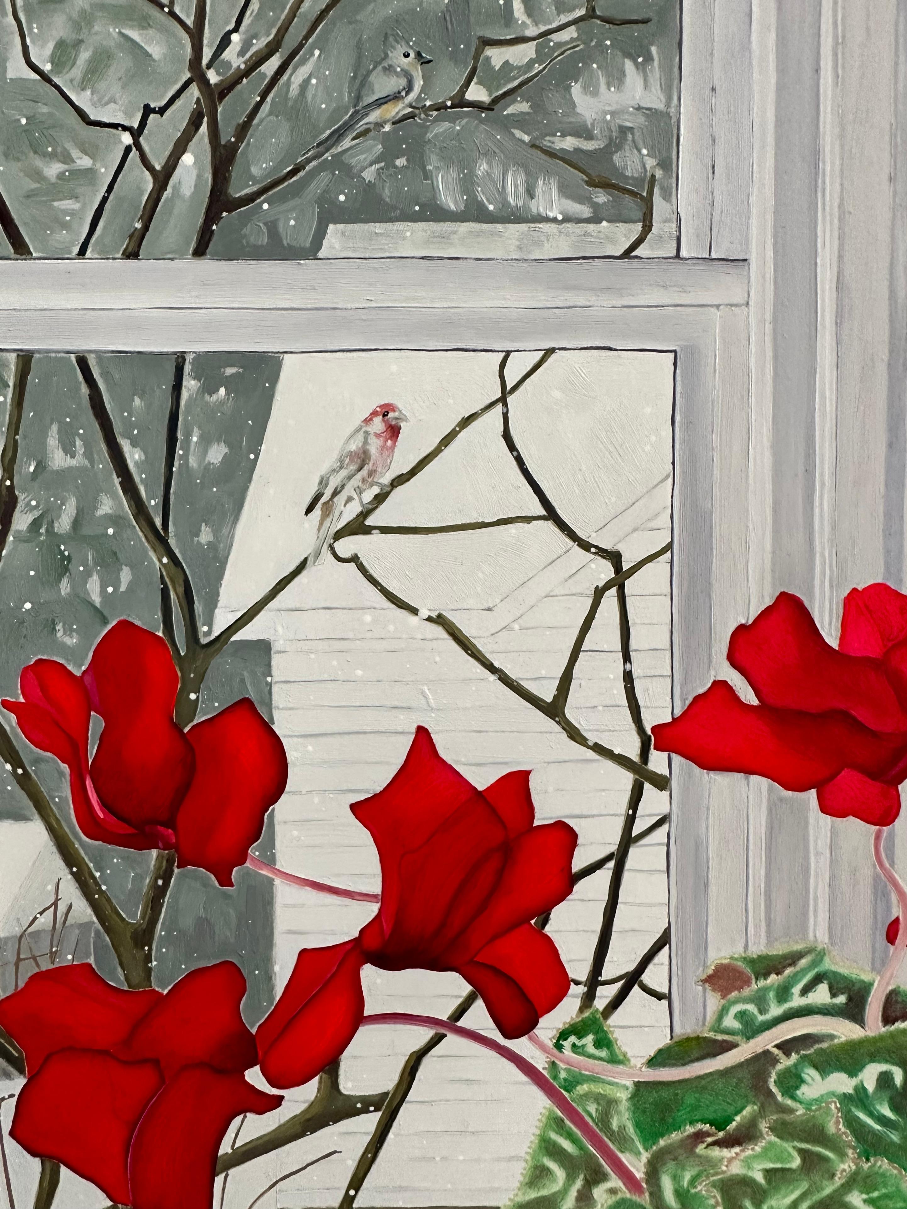 Winter Birds, Crimson Red Flowers, Green Leaves, White Snow, Winter Landscape For Sale 1