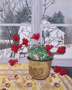 Wintervogel, cremefarbene rote Blumen, grüne Blätter, weißer Schnee, Winterlandschaft