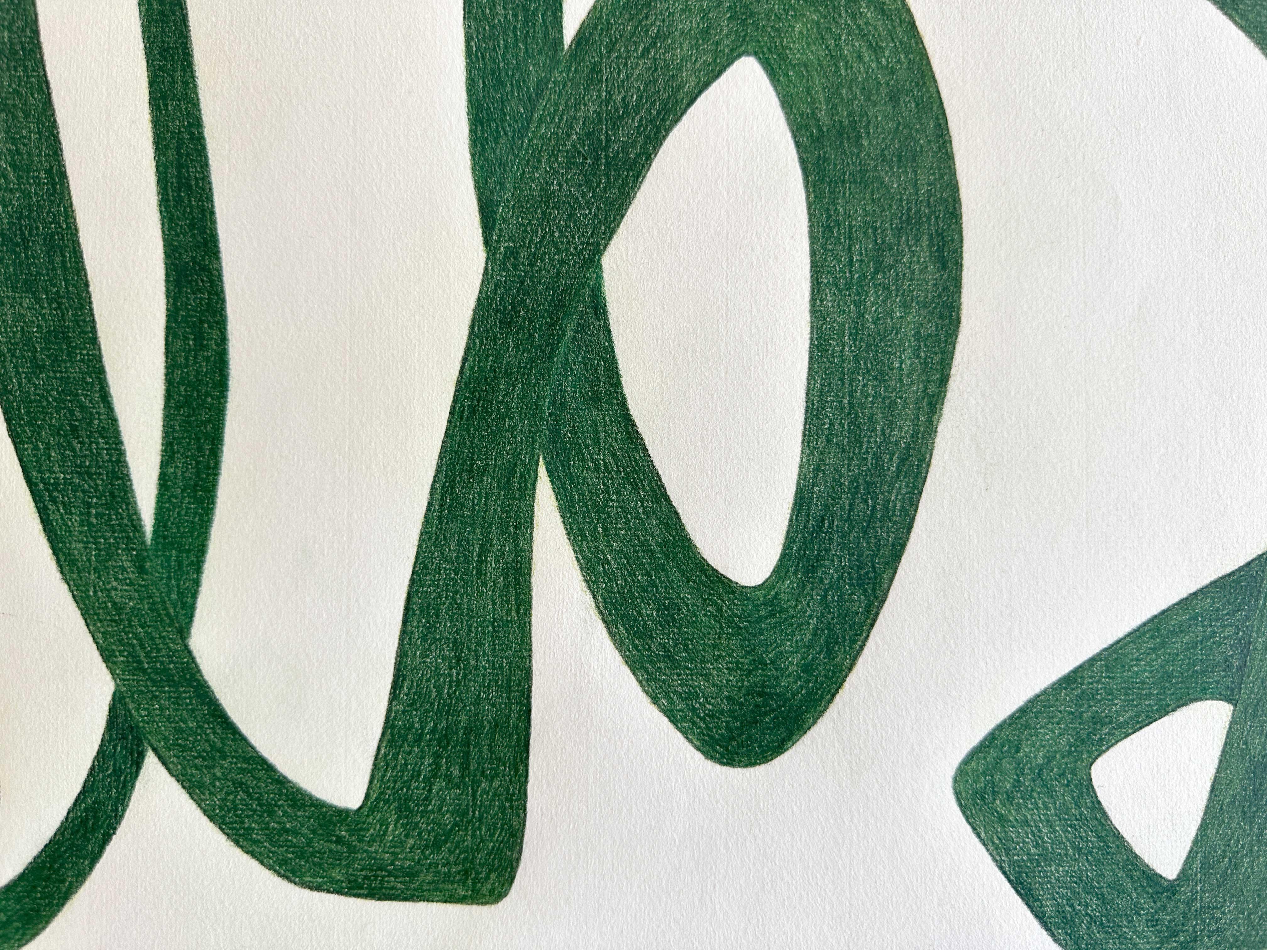 Abstrakte Zeichnung auf Papier Farbstift „Greens I“ Linienquiggle tangle organisch (Grau), Abstract Drawing, von Amanda Andersen