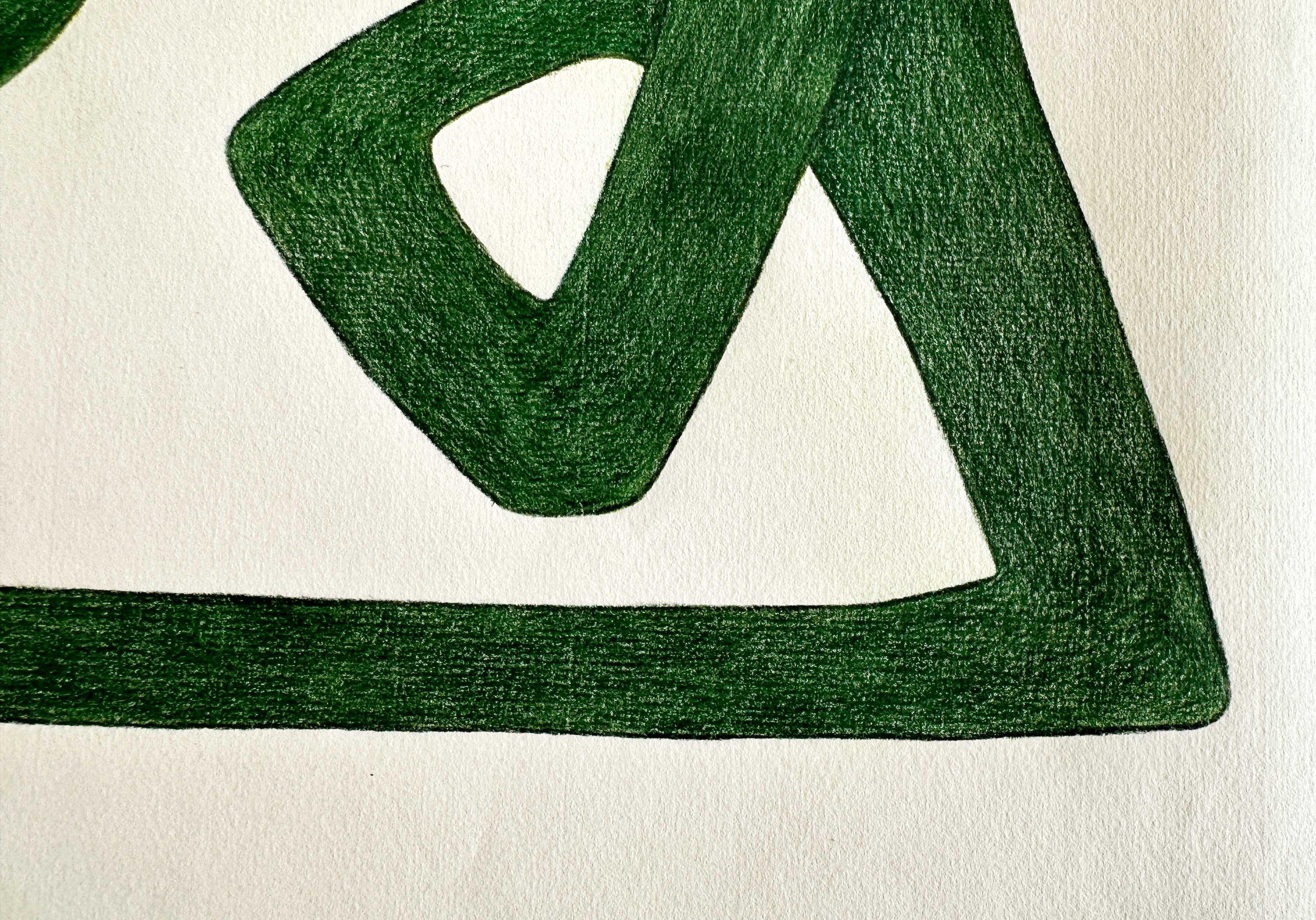 Abstrakte Zeichnung auf Papier Farbstift „Greens I“ Linienquiggle tangle organisch im Angebot 2