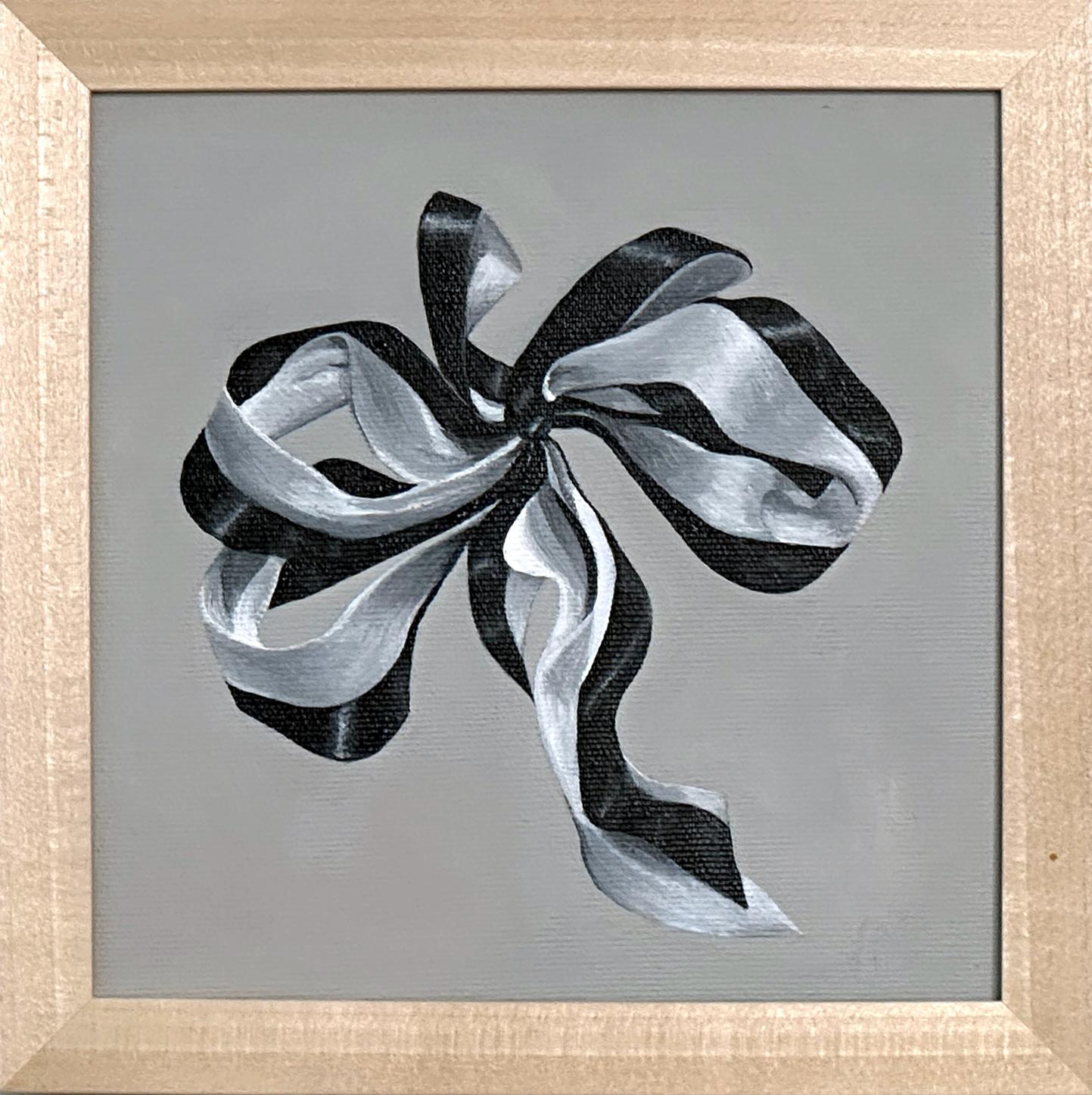 Amanda Andersen Abstract Painting - Acrylic Painting "Epaule Ribbon" with frame minimal black & white Striped Bow