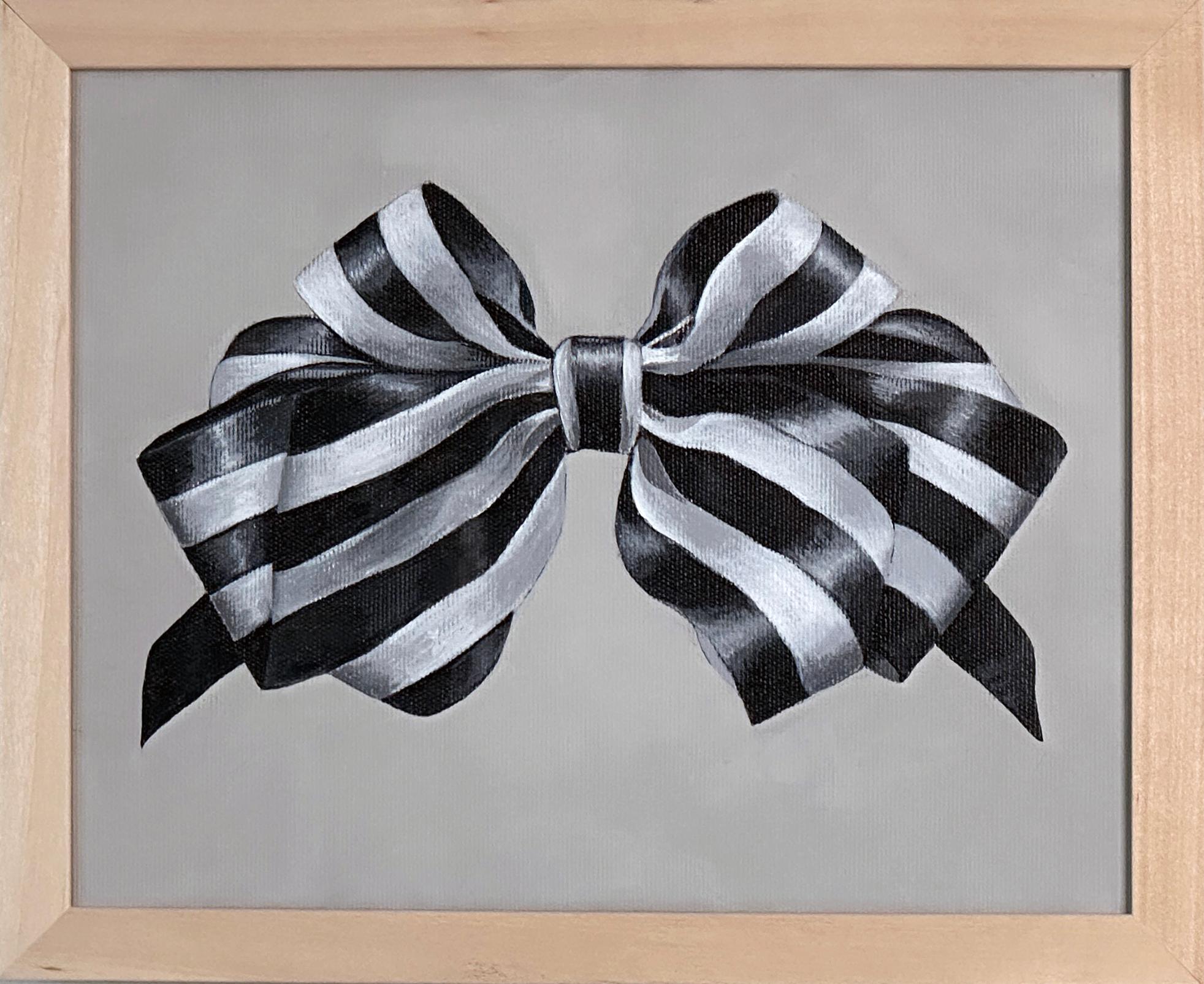Amanda Andersen Abstract Painting - Acrylic Painting "Fluffy Ribbon" with frame minimal black & white Stripes gift