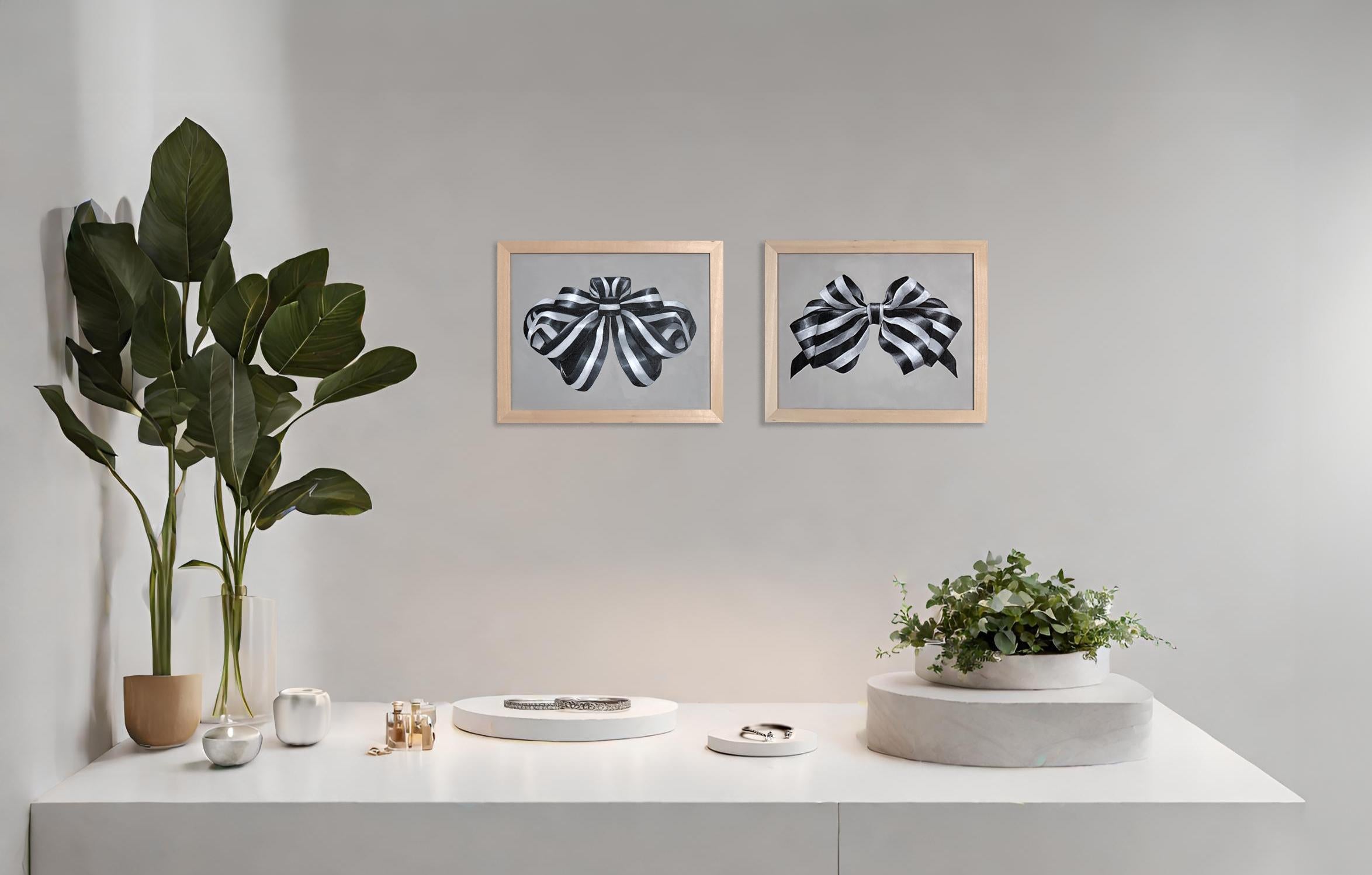 Acrylgemälde „Grand Ribbon“ mit Rahmen minimale schwarz-weiß gestreifte Streifen, Geschenk – Painting von Amanda Andersen