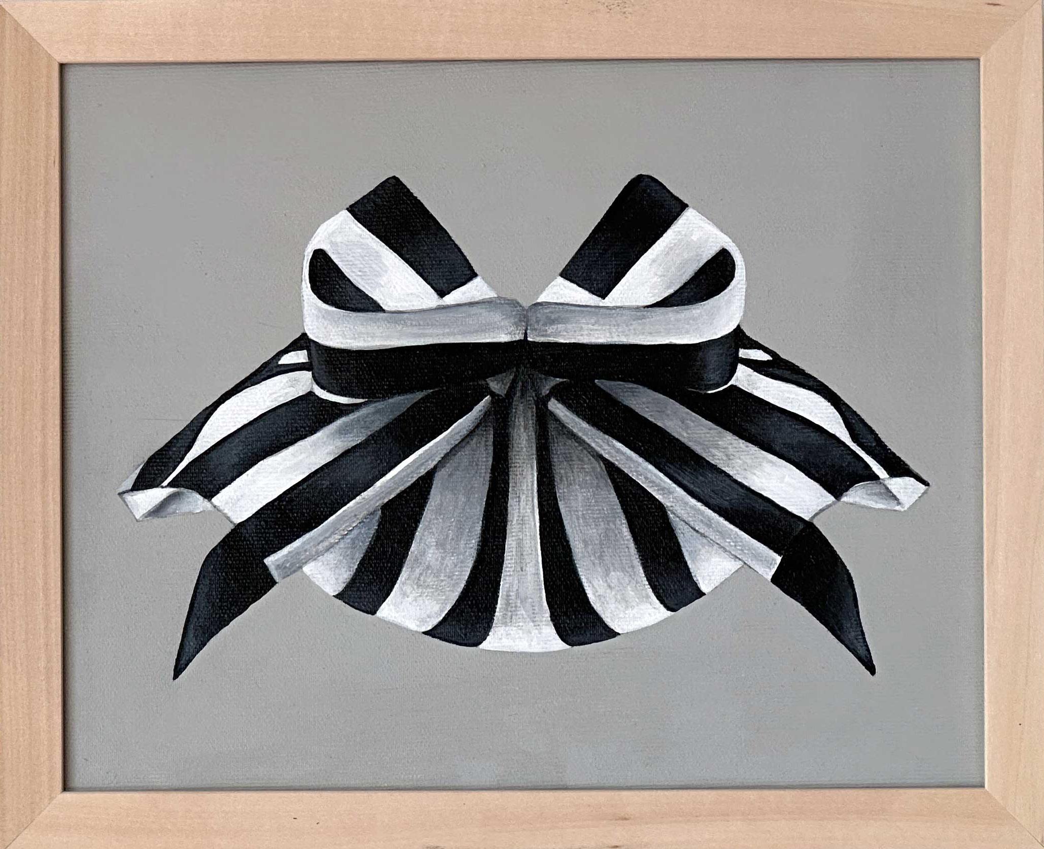 Amanda Andersen Abstract Painting - "Metal Jacket" Acrylic Painting wood frame minimal black & white Striped Ribbons