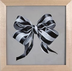 "Playful Ribbon" Acrylic Painting with frame minimal black & white Stripes