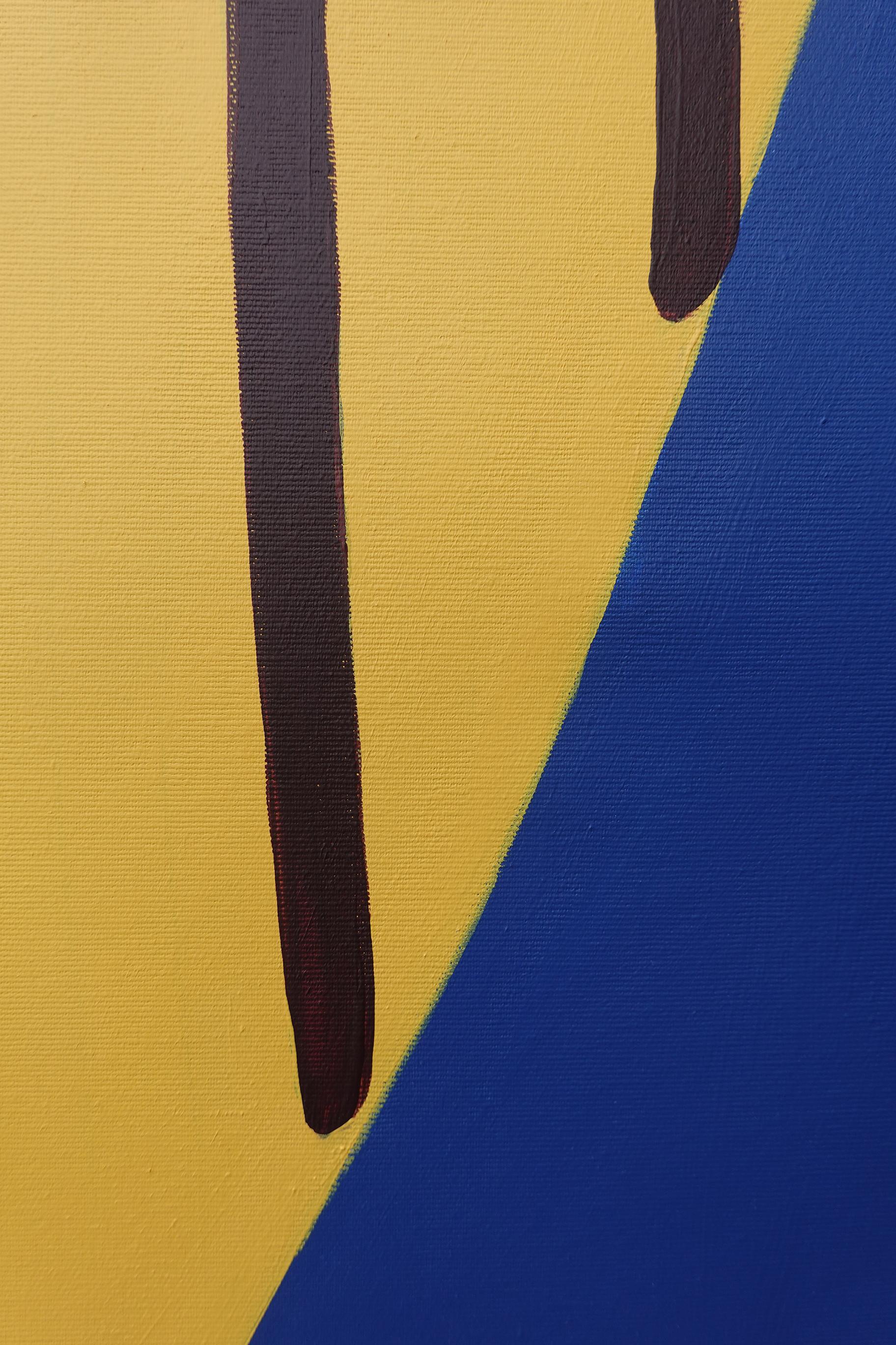 « Beaming I », peinture acrylique abstraite sur toile jaune foncé sur bleu cobalt royal en vente 1