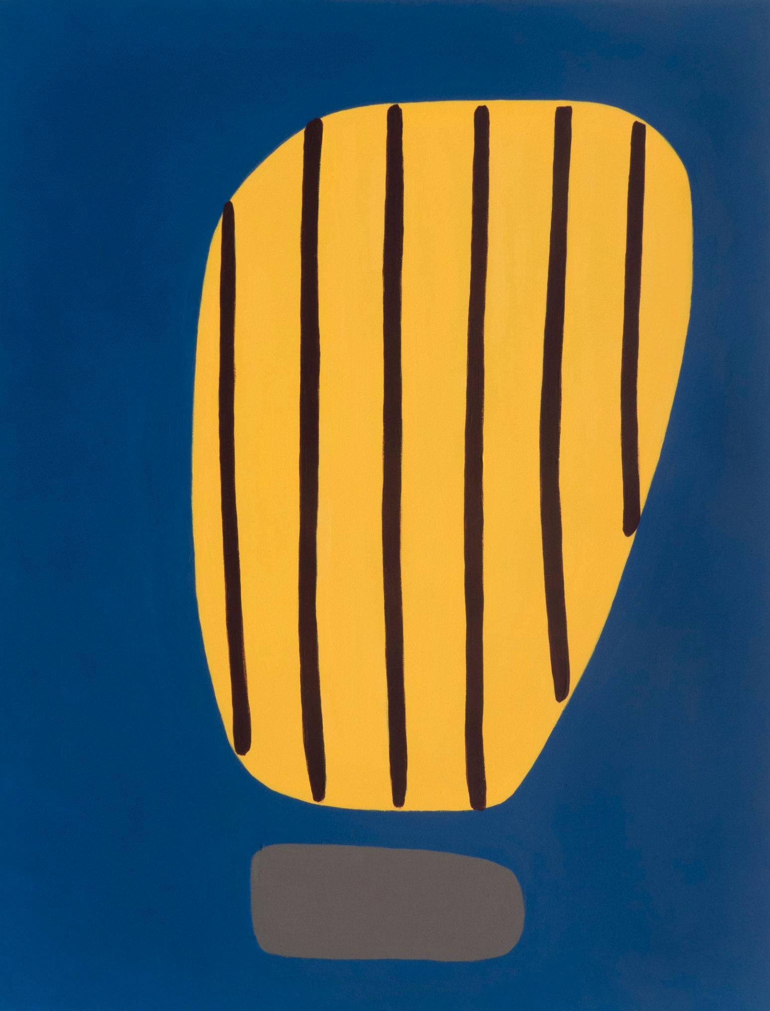 Amanda Andersen Abstract Painting - "Beaming I" abstract acrylic painting on canvas dark yellow on blue cobalt royal