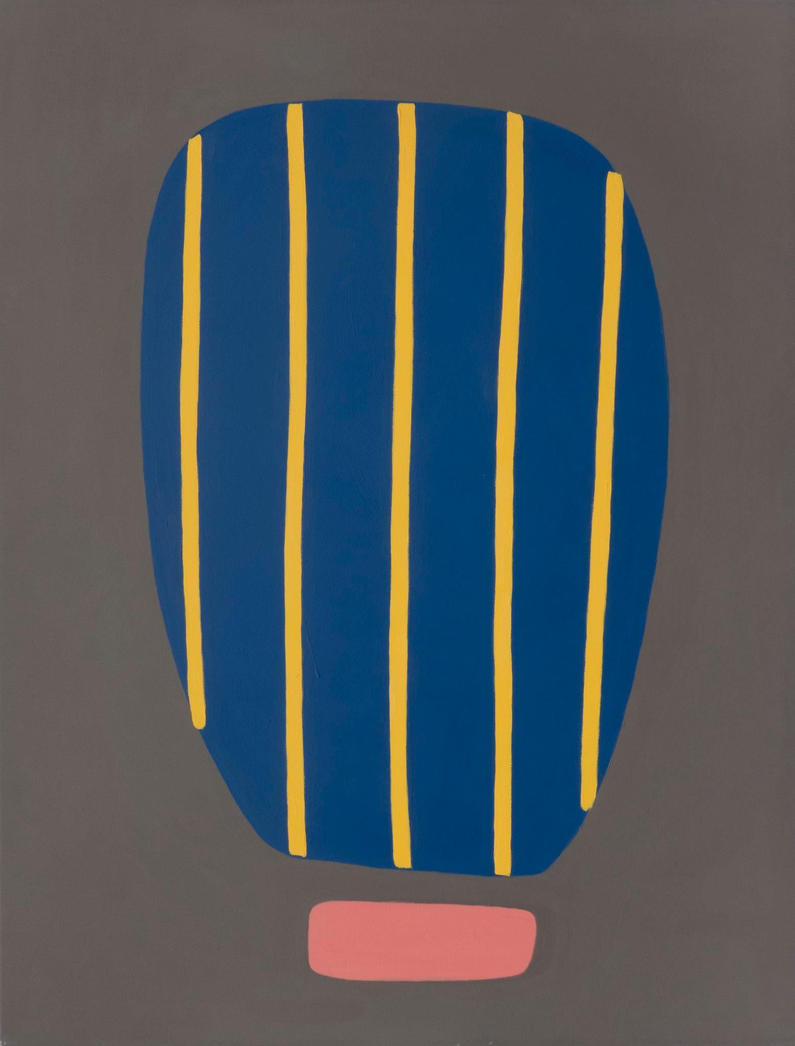Amanda Andersen Abstract Painting - "Beaming II" big bold abstract acrylic painting, blue grey dark yellow stripes