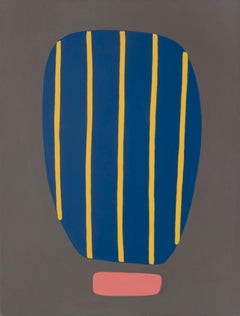 "Beaming II" big bold abstract acrylic painting, blue grey dark yellow stripes