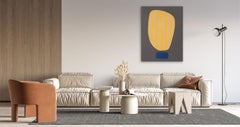 "Beaming IV" abstract acrylic painting on canvas, bold dark yellow grey, curves