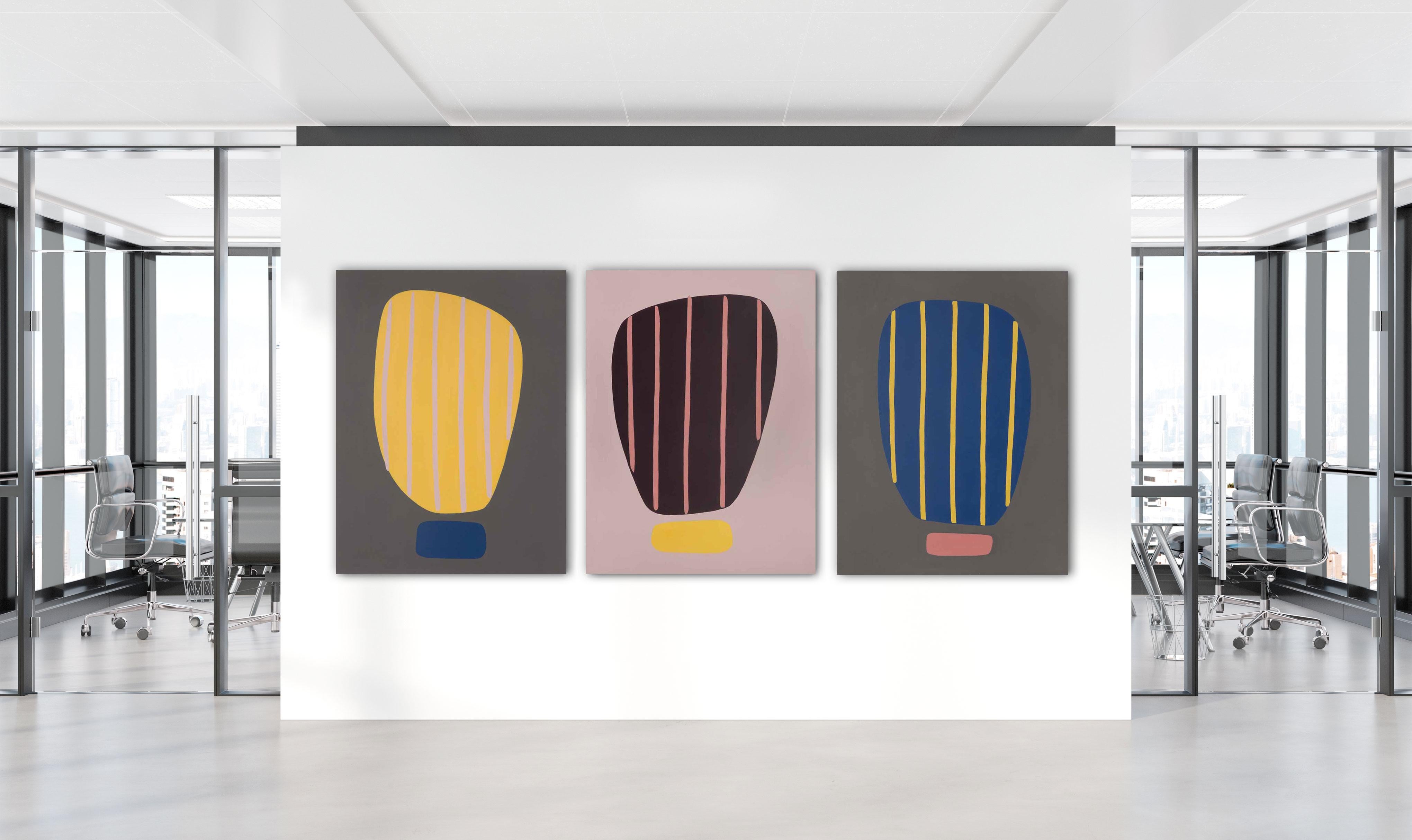 Peinture acrylique abstraite « Beaming IV », jaune foncé sur gris audacieux, courbes à rayures en vente 3