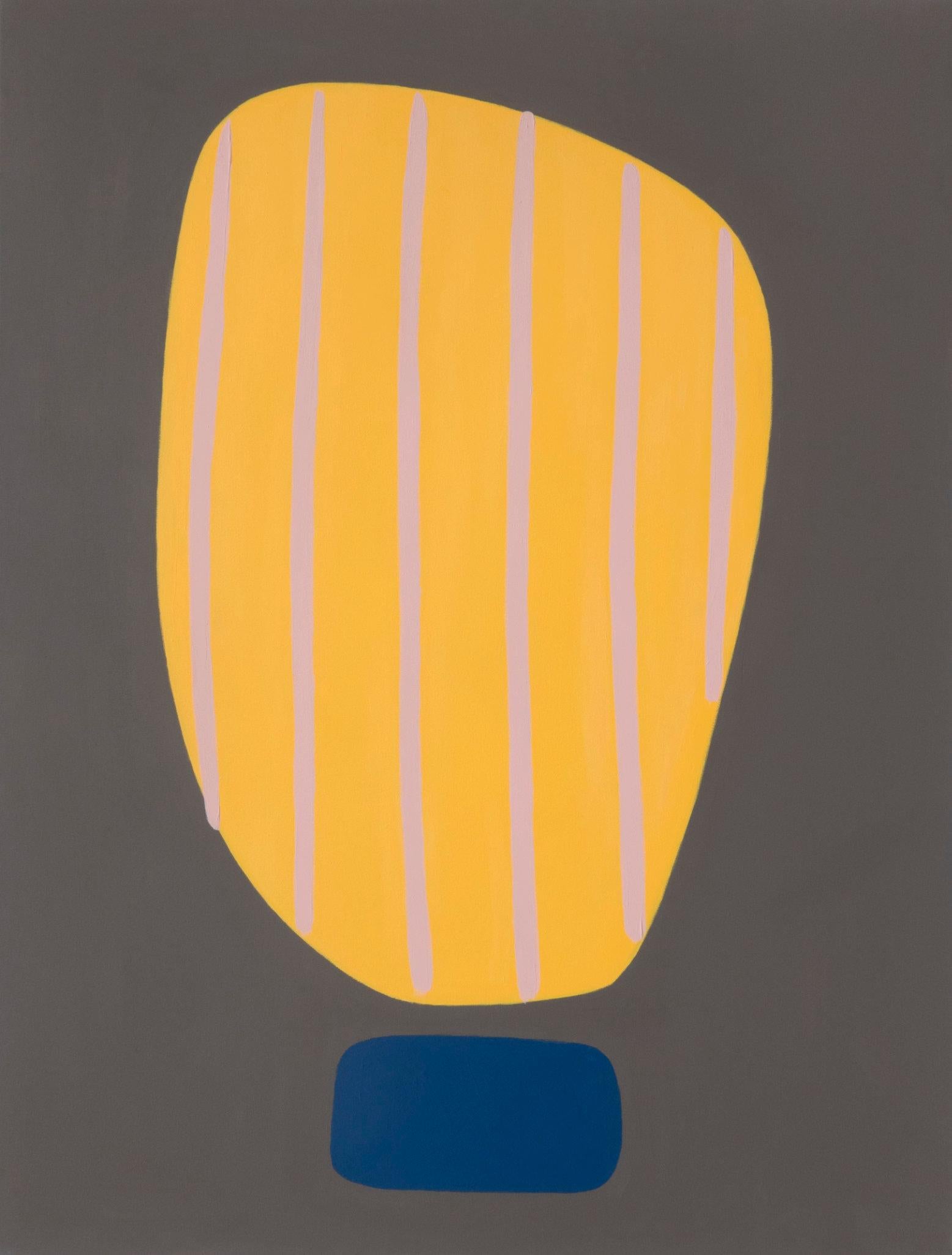 Peinture acrylique abstraite « Beaming IV », jaune foncé sur gris audacieux, courbes à rayures