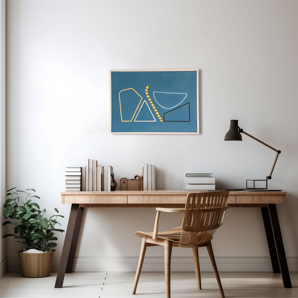 Geometric abstract painting made in 2020 by Amanda Andersen, initialed on the back. This piece is from a body of work inspired by ordinary object arrangements such as table-top still lives. The objects were simplified drastically into outlines,